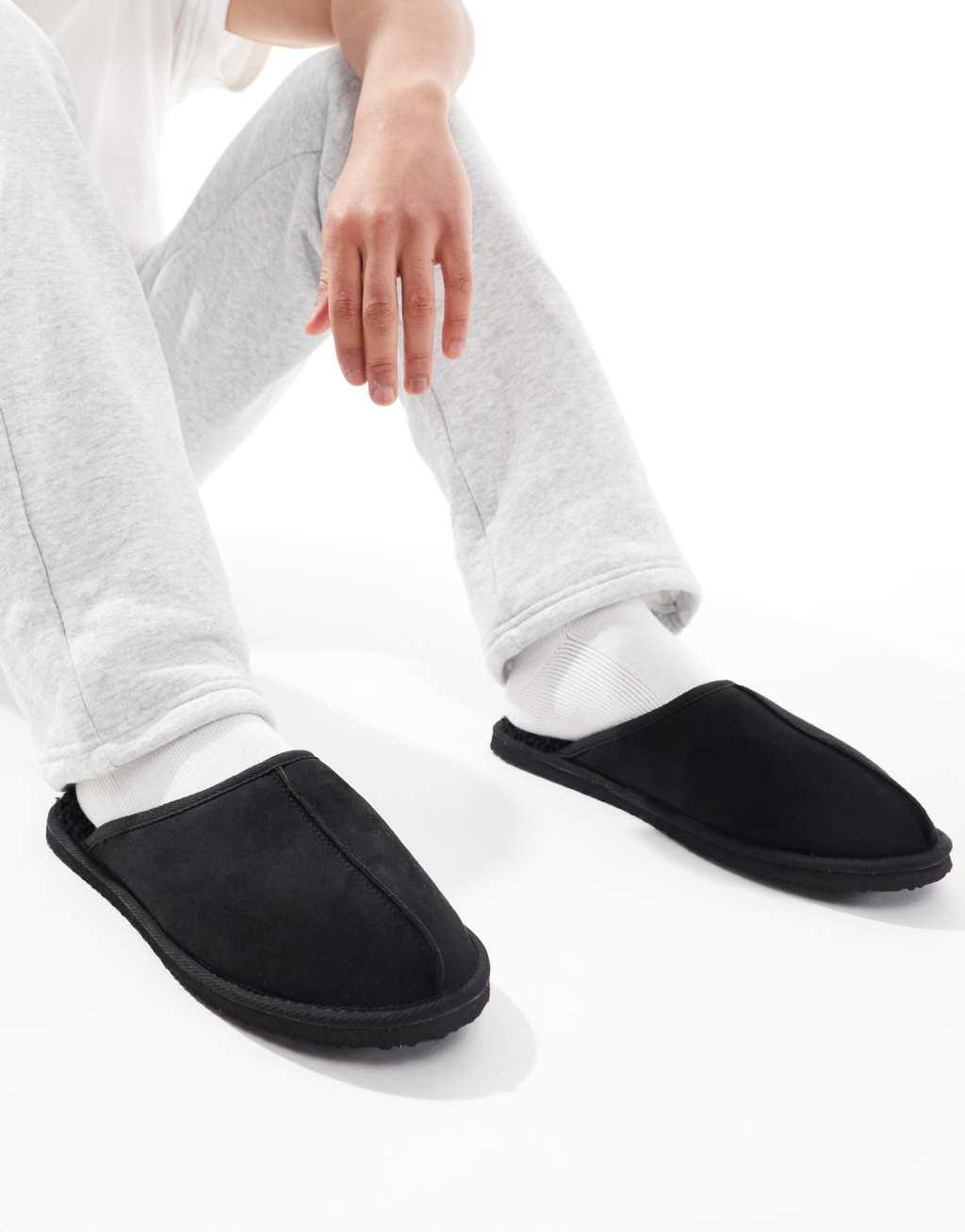 Jack & Jones faux suede slip on slipper in black Product Image