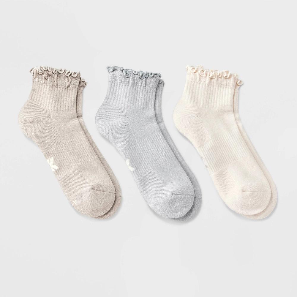 Women's Cushioned Ruffle 3pk Ankle Socks - All In Motion™ Beige/Gray/Tan 4-10: Arch Support, Knit Product Image
