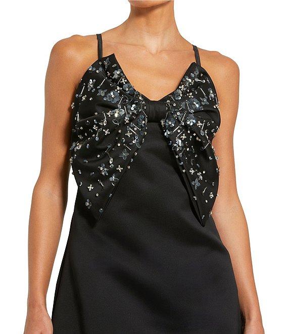 Mac Duggal V-Neck Sleeveless Bow Front Satin A-line Mini Dress Product Image