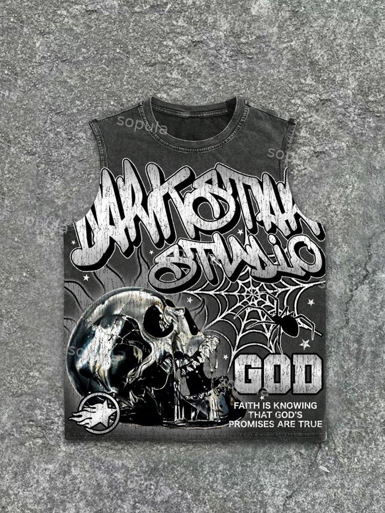 Sopula Darkstar-God's Skull Print Graphic Acid Washed Sleeveless Tank Top Product Image