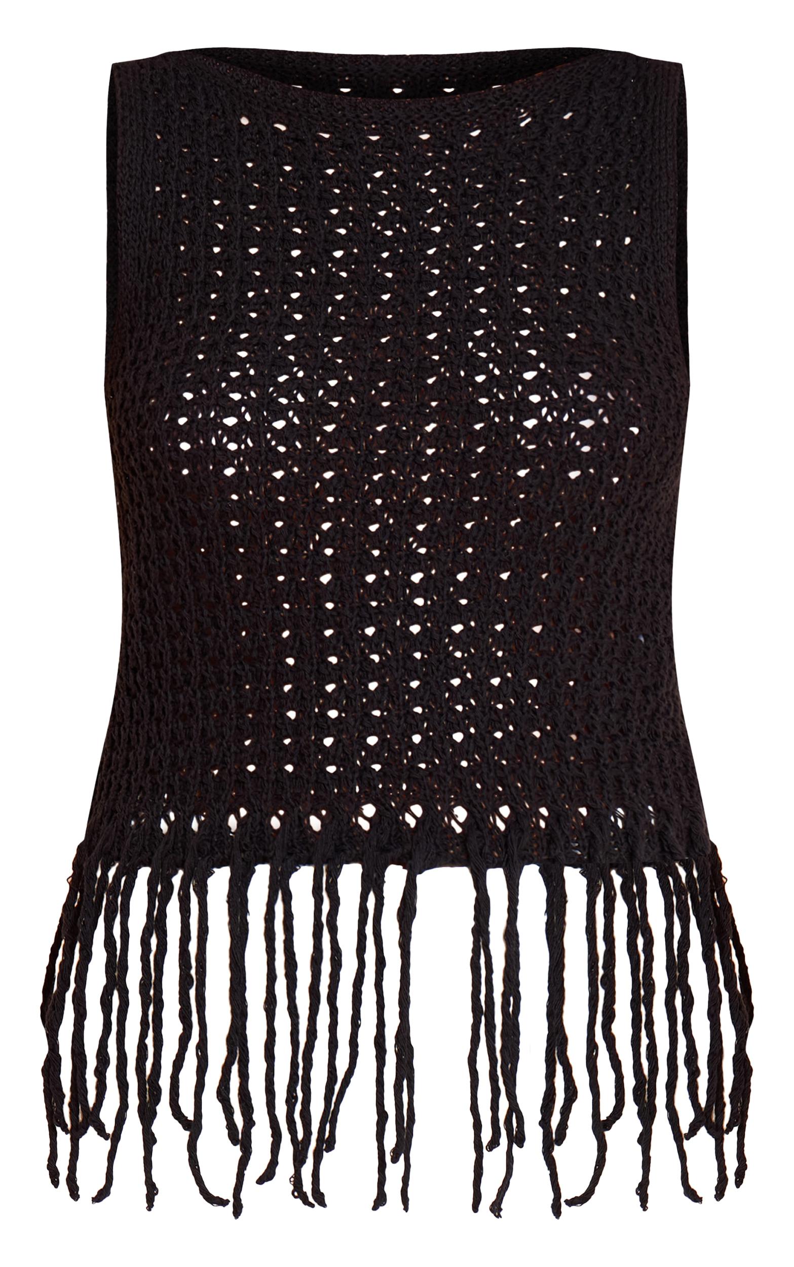Black Crochet Boat Neck Fringe Top Product Image