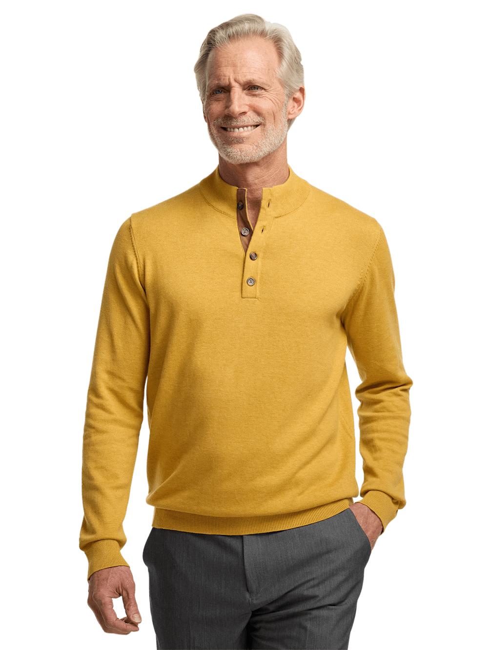 Supima Cotton Four Button Mock Neck Sweater - Mustard Product Image