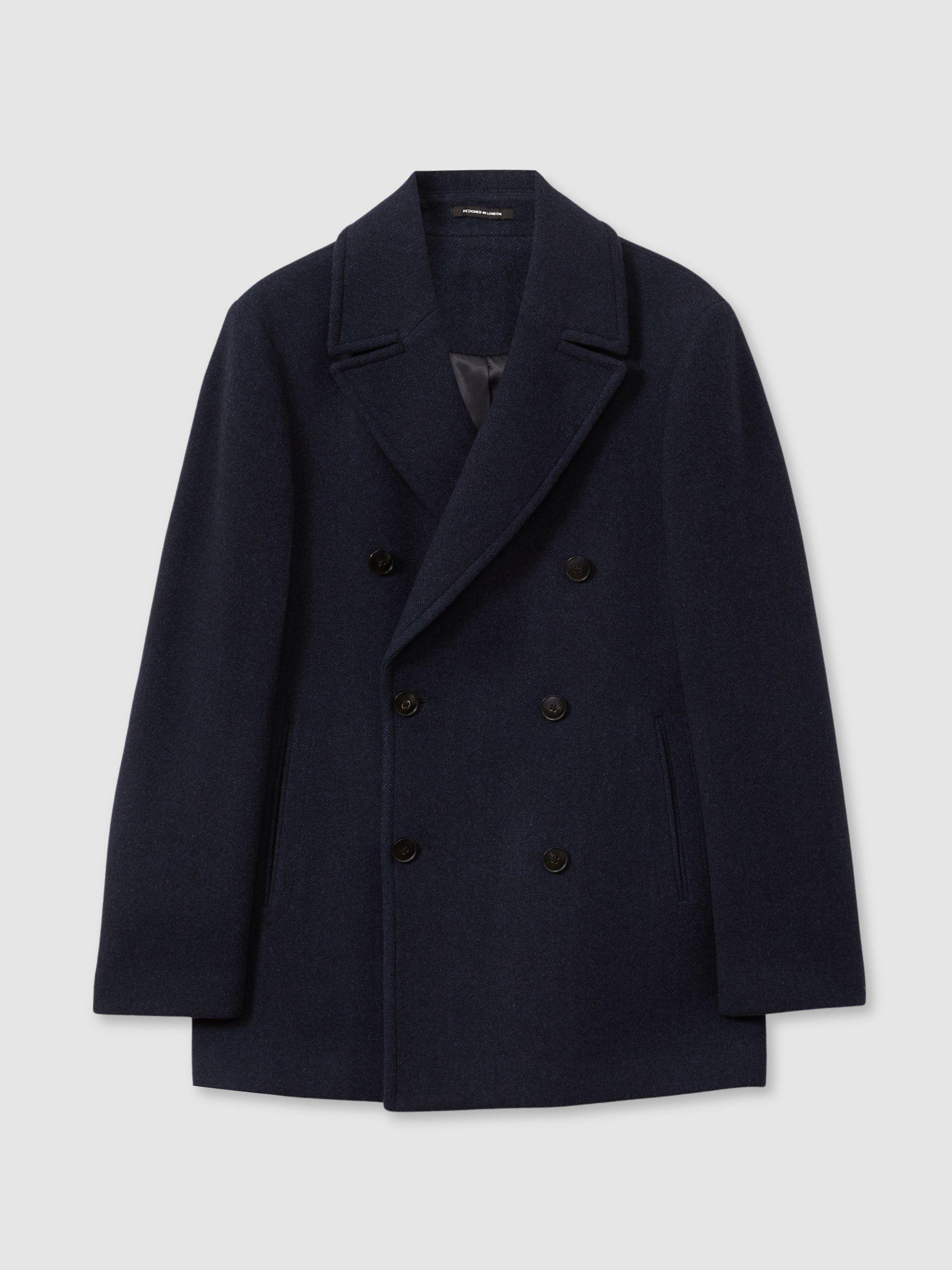 Wool Blend Double Breasted Peacoat in Navy Herringbone Product Image
