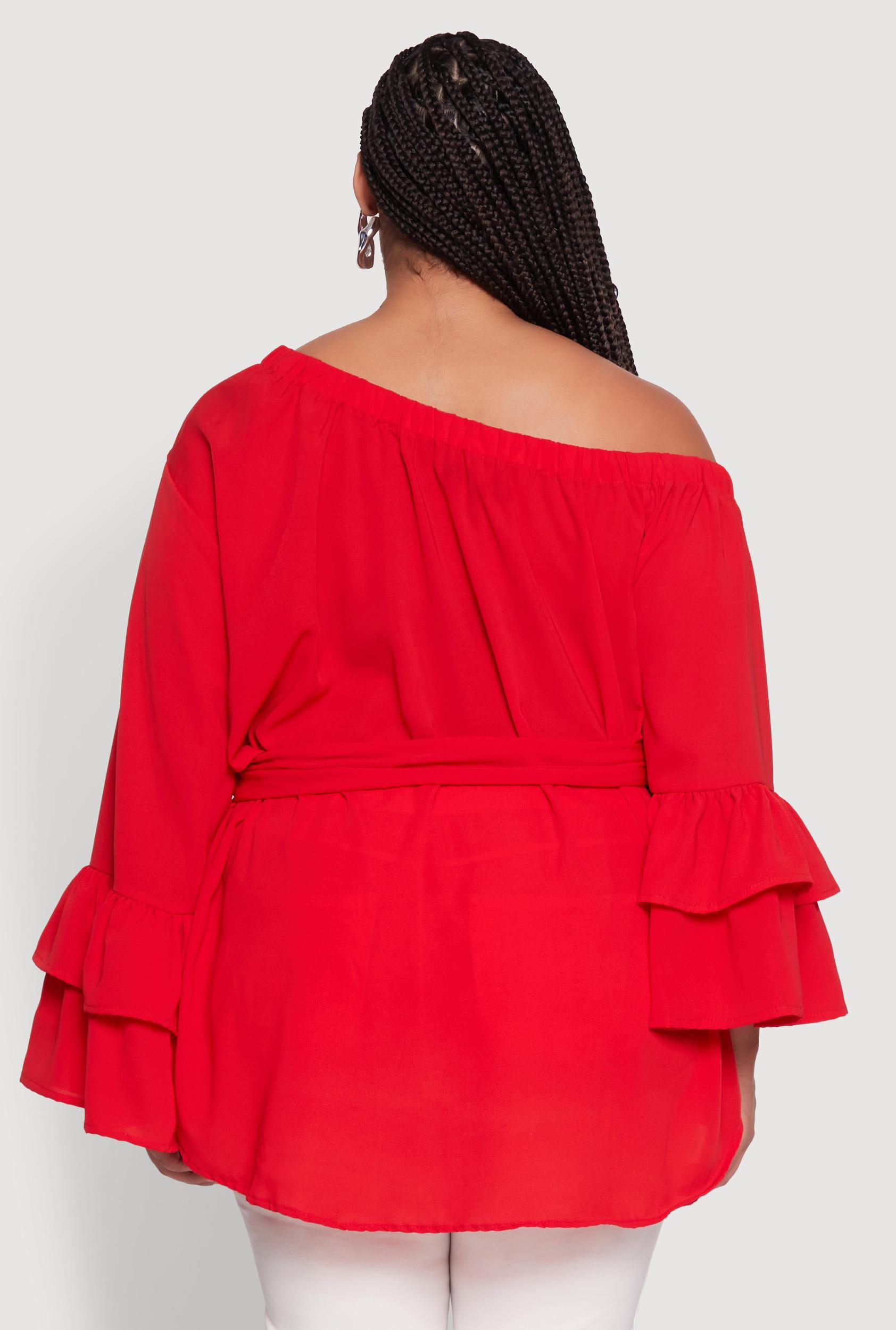 Plus Size Stylish One Shoulder Bell Sleeve Blouse with Ruffles Female Product Image