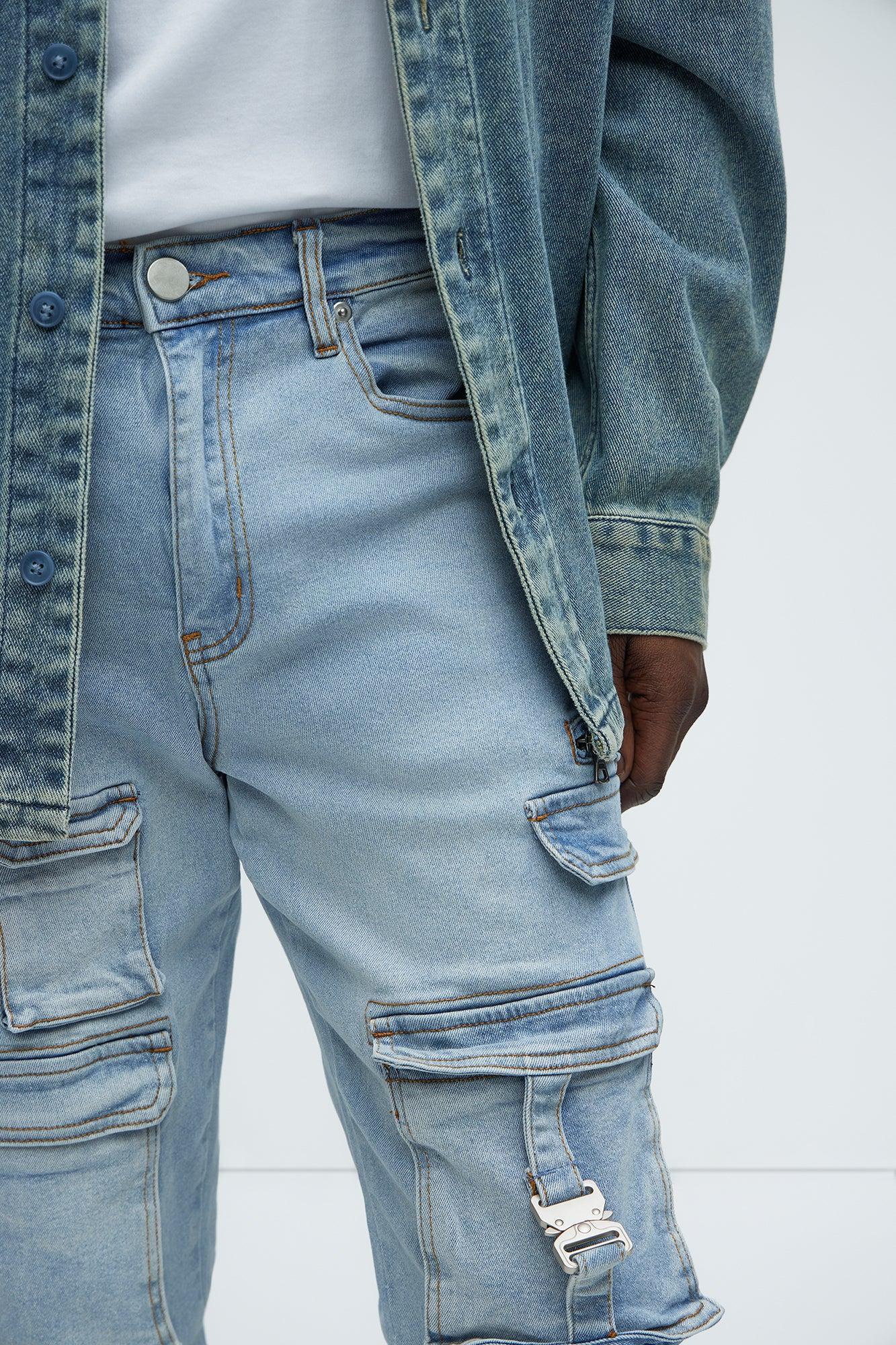Cargo Pocket Slim Taper Jeans - Light Blue Wash Product Image