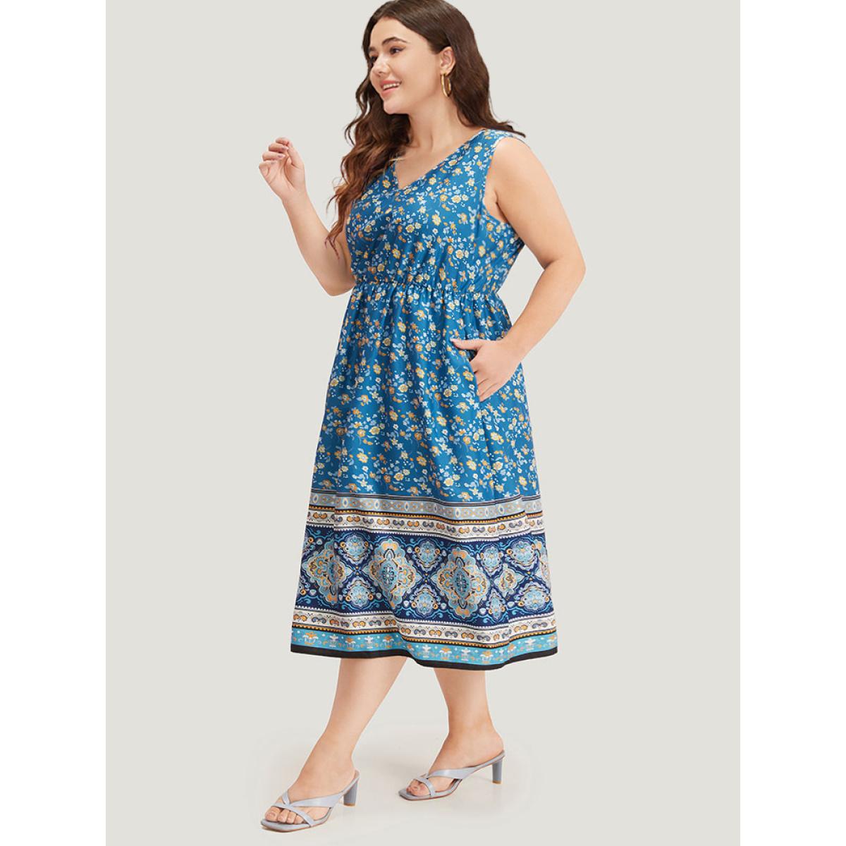 Plus Size Boho Print Ruffles Pocket Sleeveless Dress Blue Women Vacation Printed V-neck Sleeveless Curvy Midi Dress BloomChic 14-16/1X Product Image