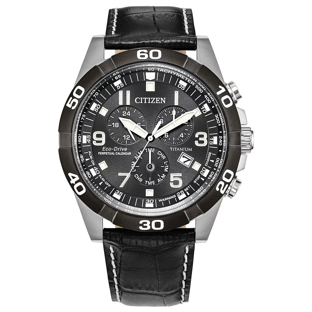 Citizen Mens Eco-Drive Titanium Black Chronograph Dial Black Leather Strap Watch - BL5558-15H Product Image