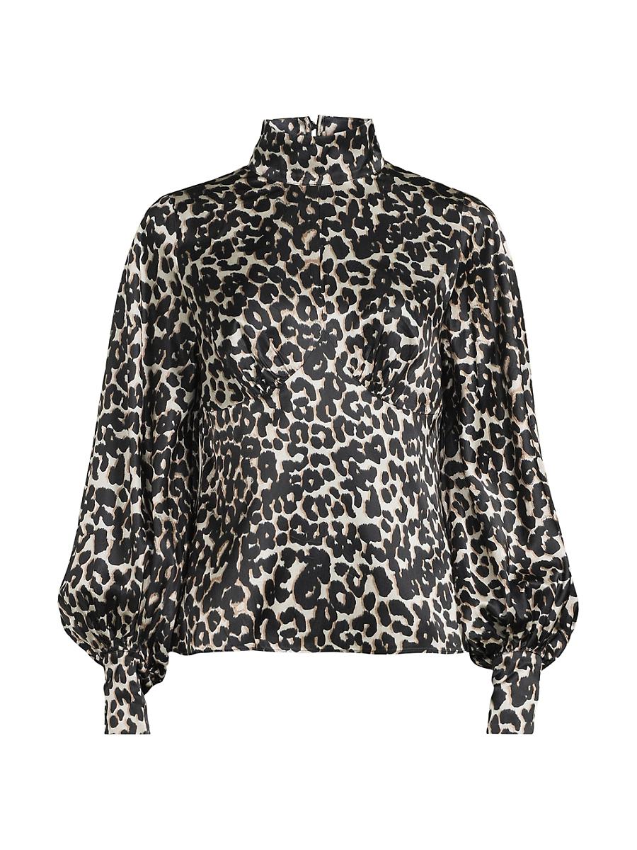 Womens Leopard Satin Turtleneck Blouse Product Image