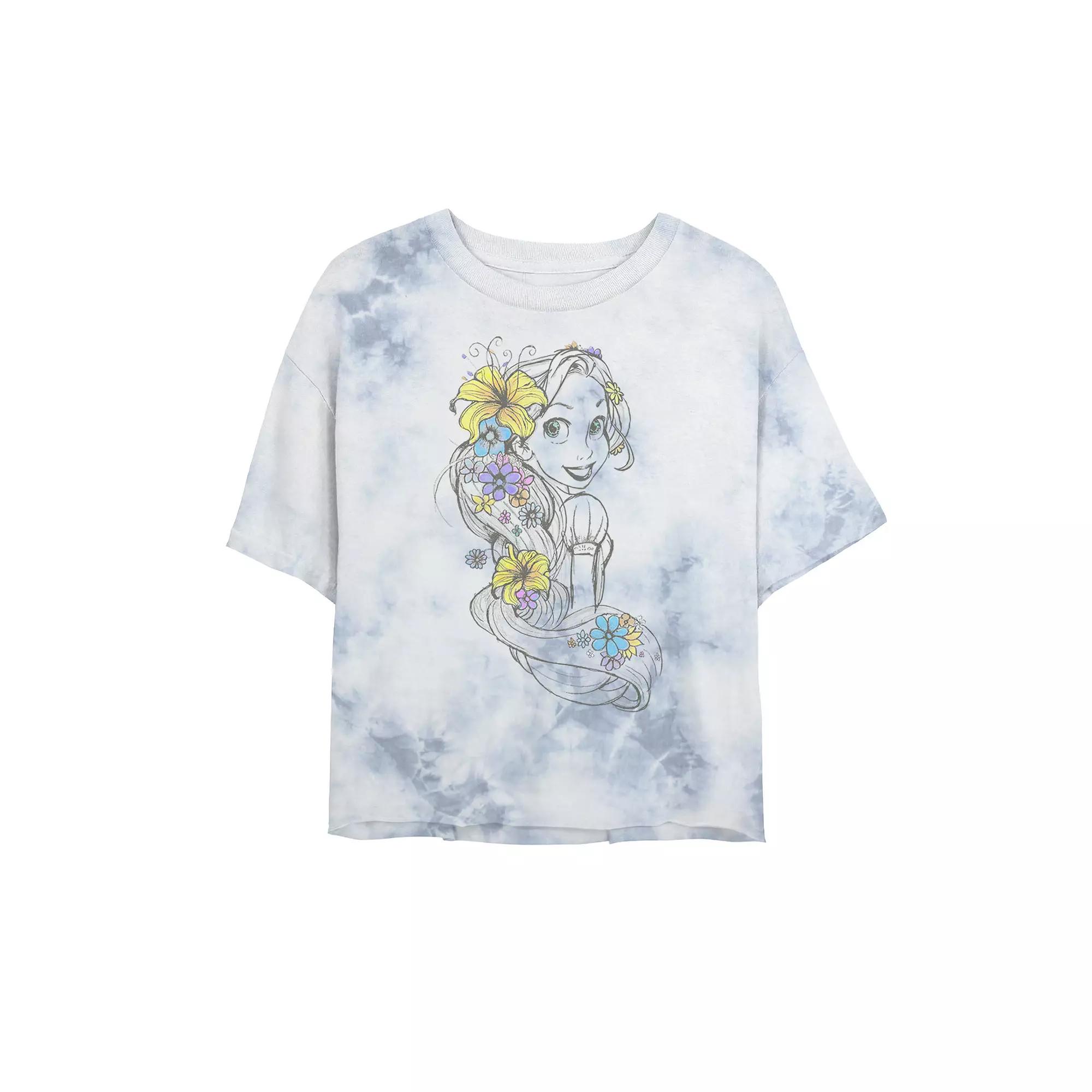 Juniors' Disney Princess Tangled Rapunzel Floral Pencil Sketch Bombard Wash Crop Graphic Tee, Women's, Size: Small, White Blue Product Image