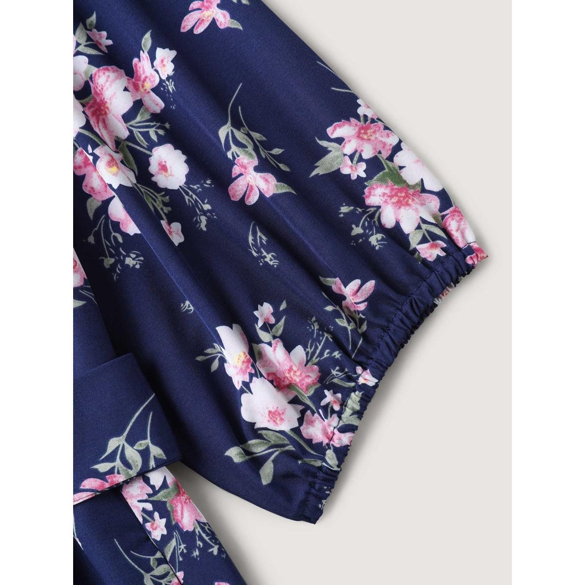 Plus Size Floral Print Belted Wrap Hem Midi Dress Skyblue Women Overlap Collar Elbow-length sleeve Curvy BloomChic 12/L Product Image