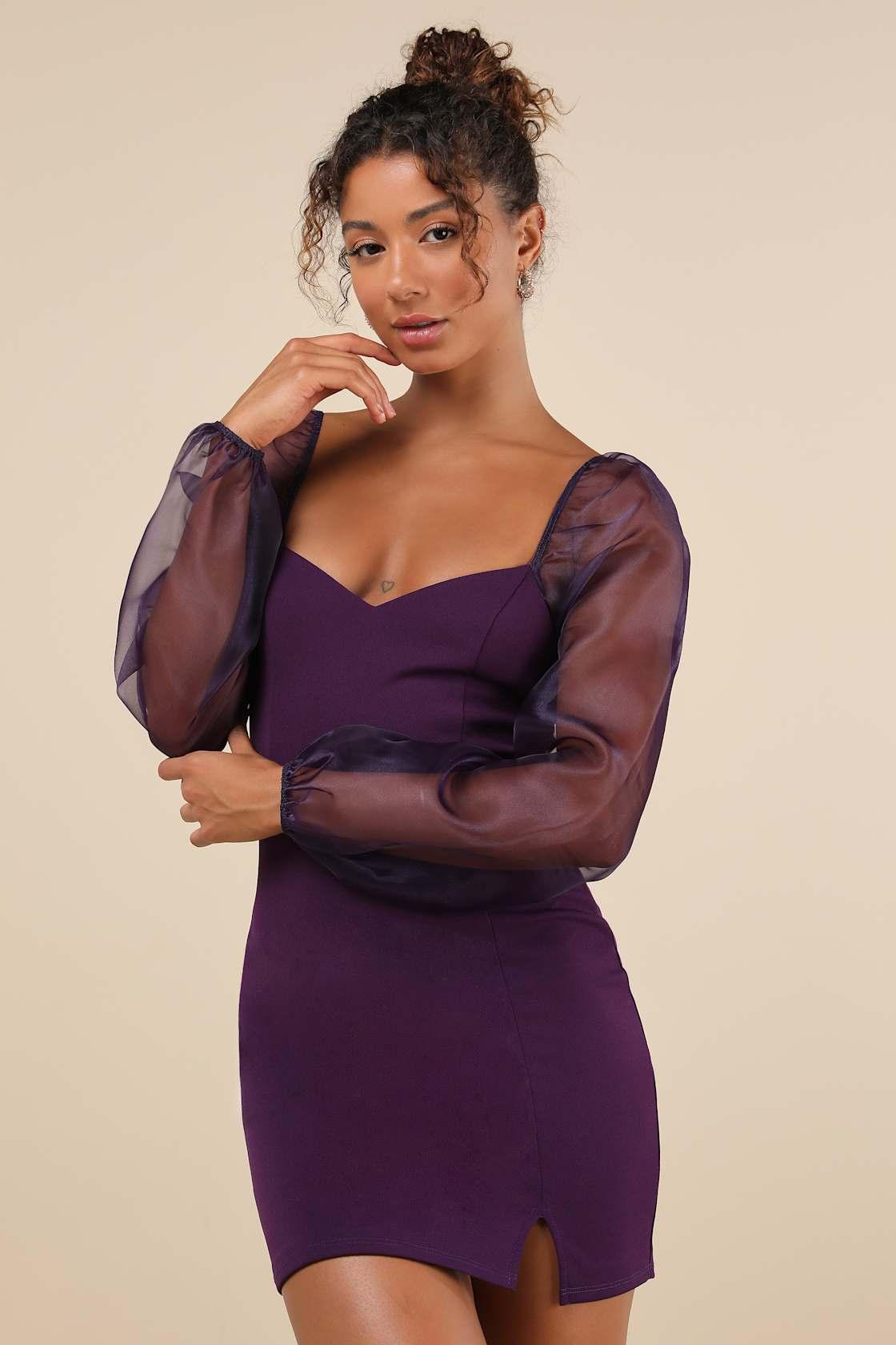 Sophisticated Aura Purple Long Sleeve Bodycon Mini Dress Product Image