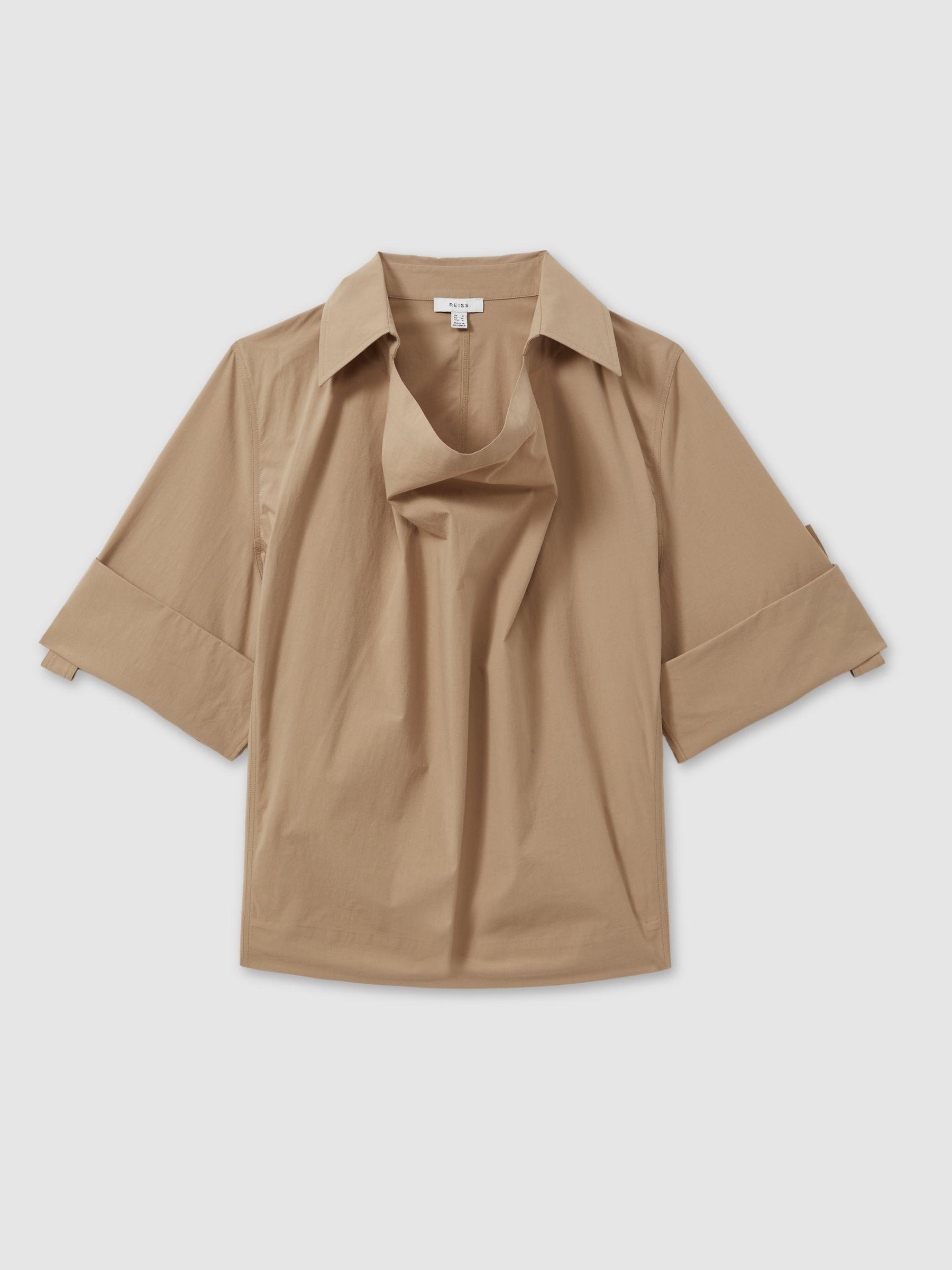 Cotton Blend Collared Cowl Neck Shirt in Stone Product Image