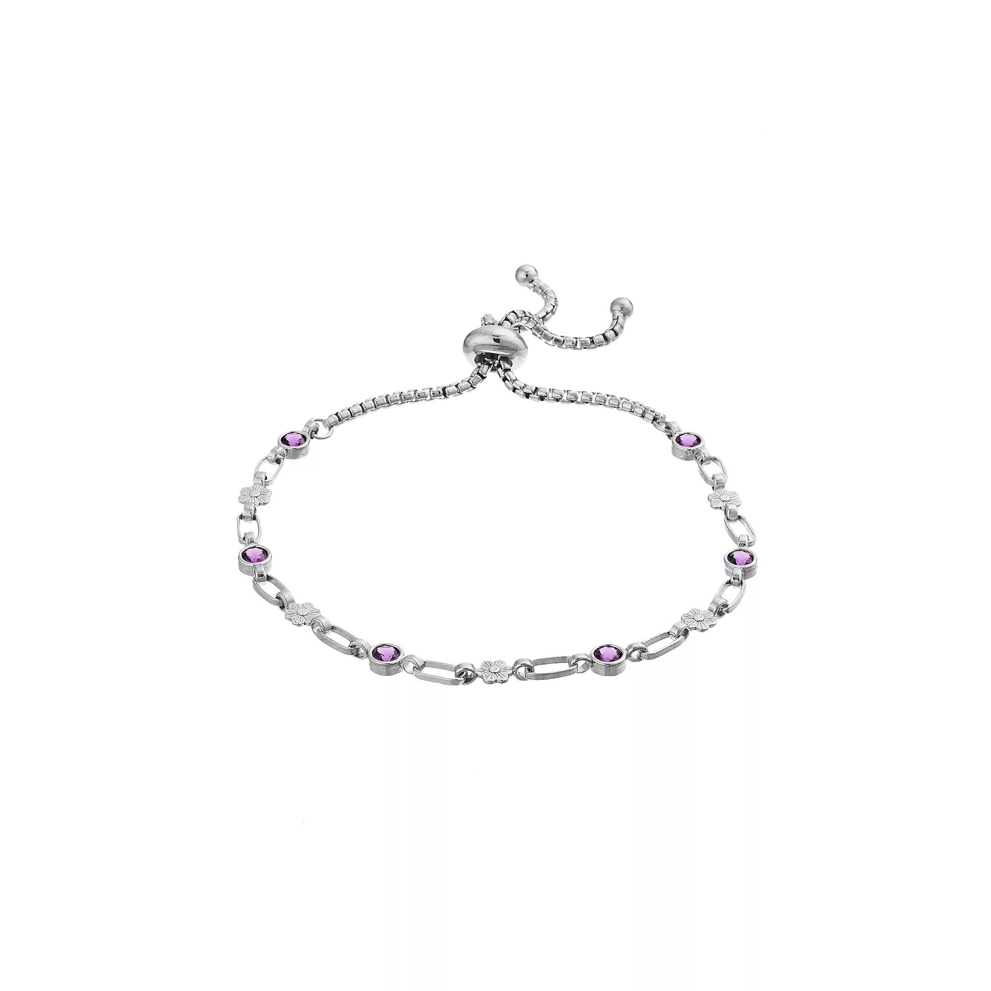 Kristen Kesho Sterling Silver Lab-Created Amethyst & Flower Link Adjustable Bolo Bracelet, Women's, Size: 9.50 Product Image