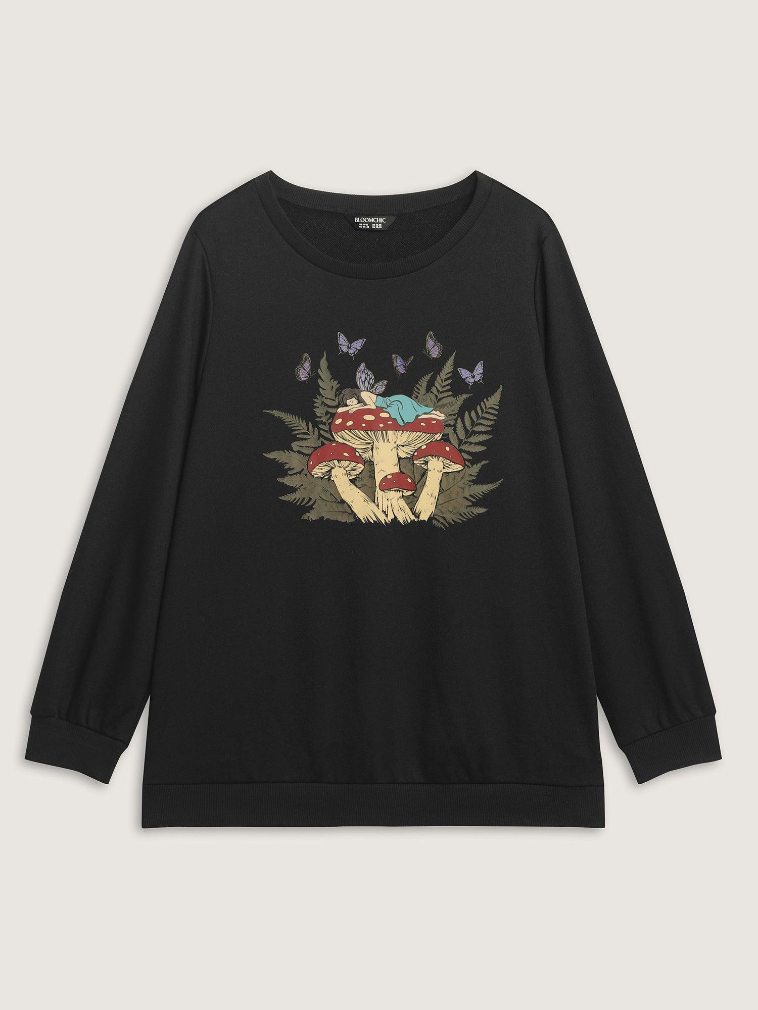 Mushroom Print Stretchy Round Neck Sweatshirt Female Product Image