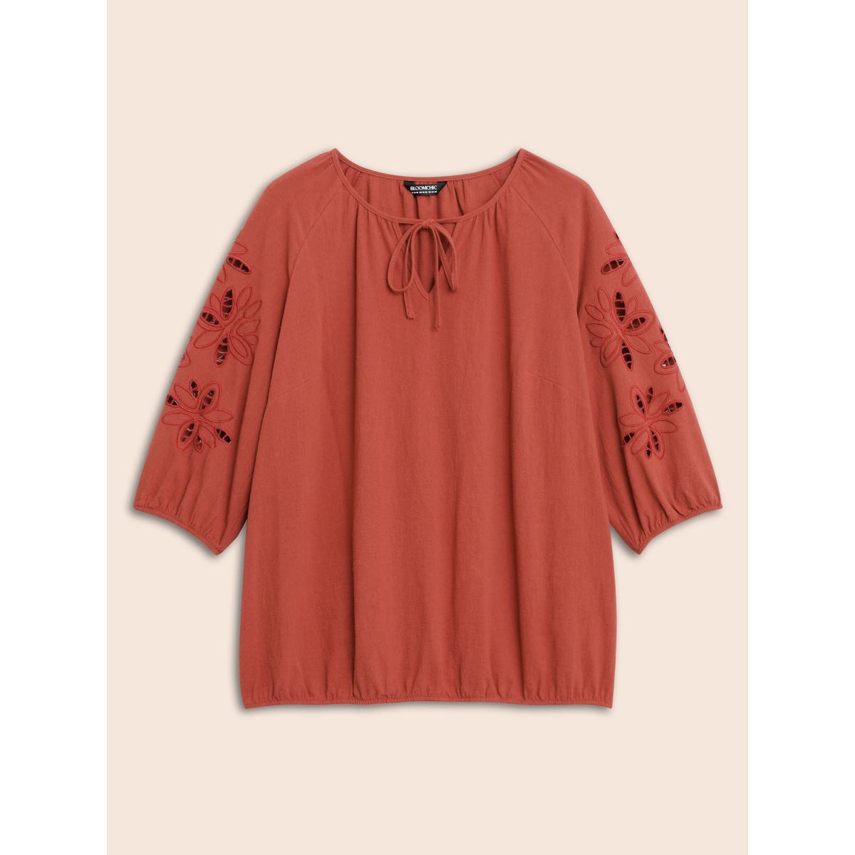 Plus Size Rust Broderie Anglaise Gathered Tie Knot Blouse Women Resort Elbow-length sleeve Round Neck Vacation Blouses BloomChic 28/5X Product Image