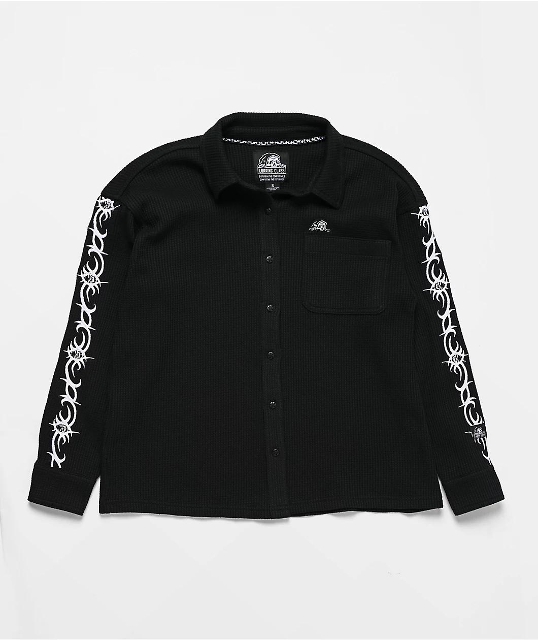 Lurking Class by Sketchy Tank Cyber Skull Black Thermal Long Sleeve Button Up T-Shirt Product Image