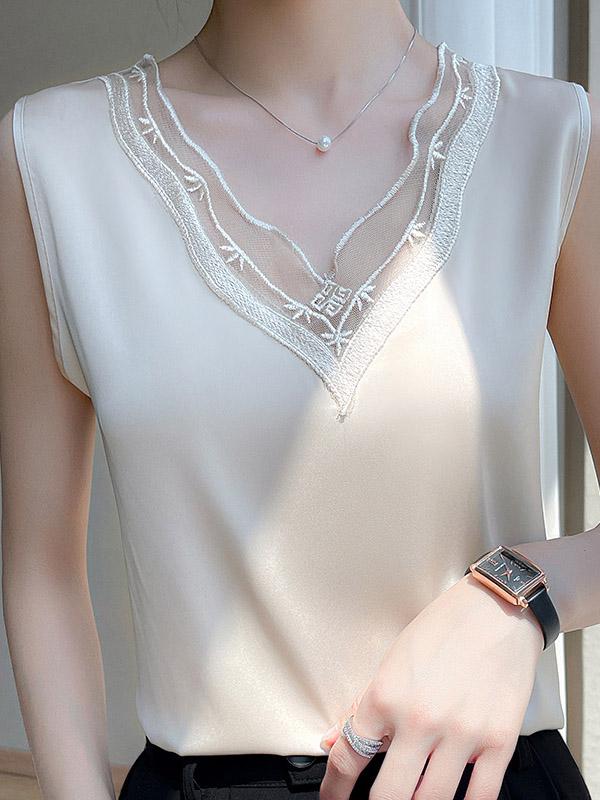 Loose Sleeveless Solid Color Split-Joint V-Neck Vest Top Product Image