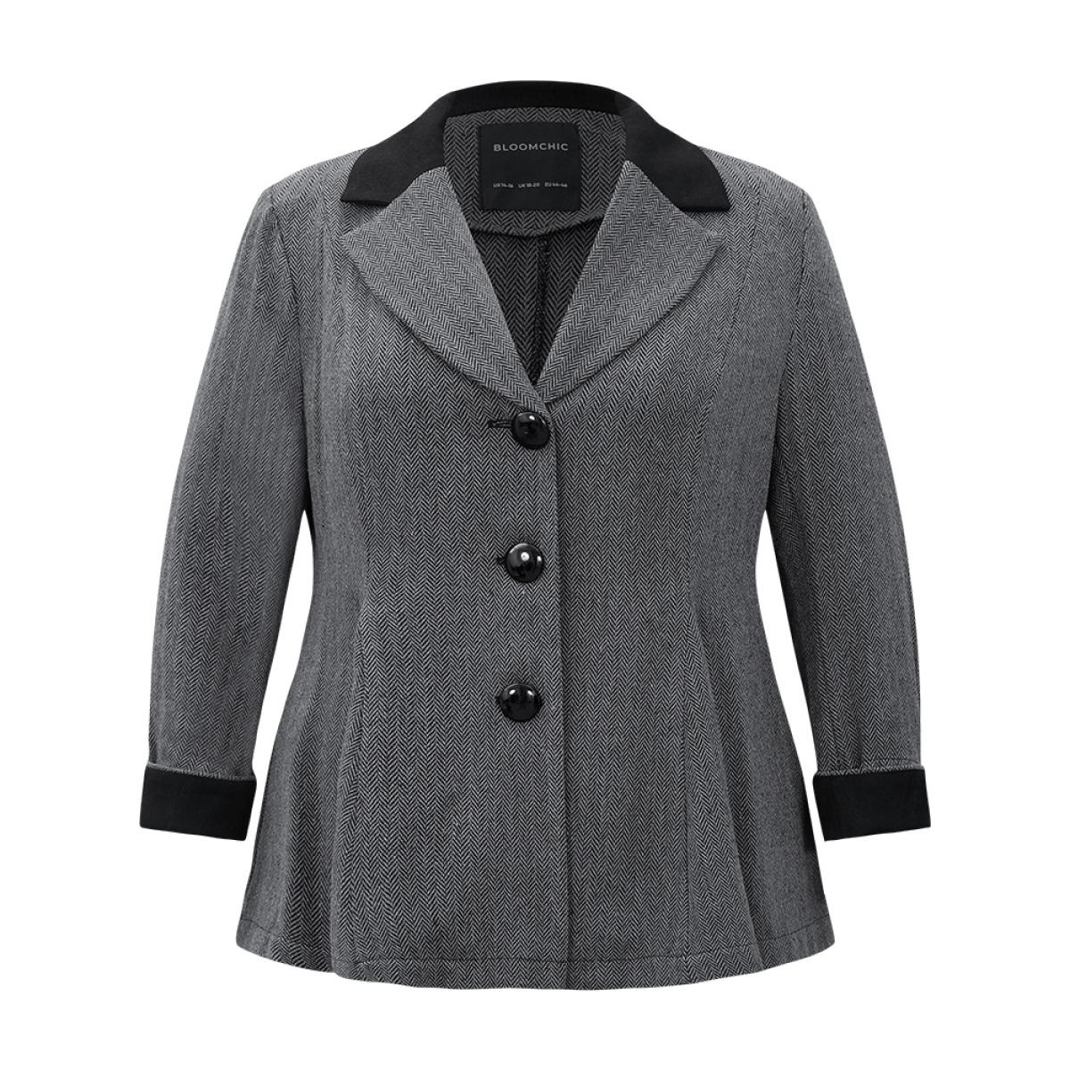 Plus Size Patchwork Contrast Button Up Blazer Black Women Dailywear Plain Contrast Sleeve Long Sleeve Suit Collar 22-24/3X Casual Blazers BloomChic Product Image