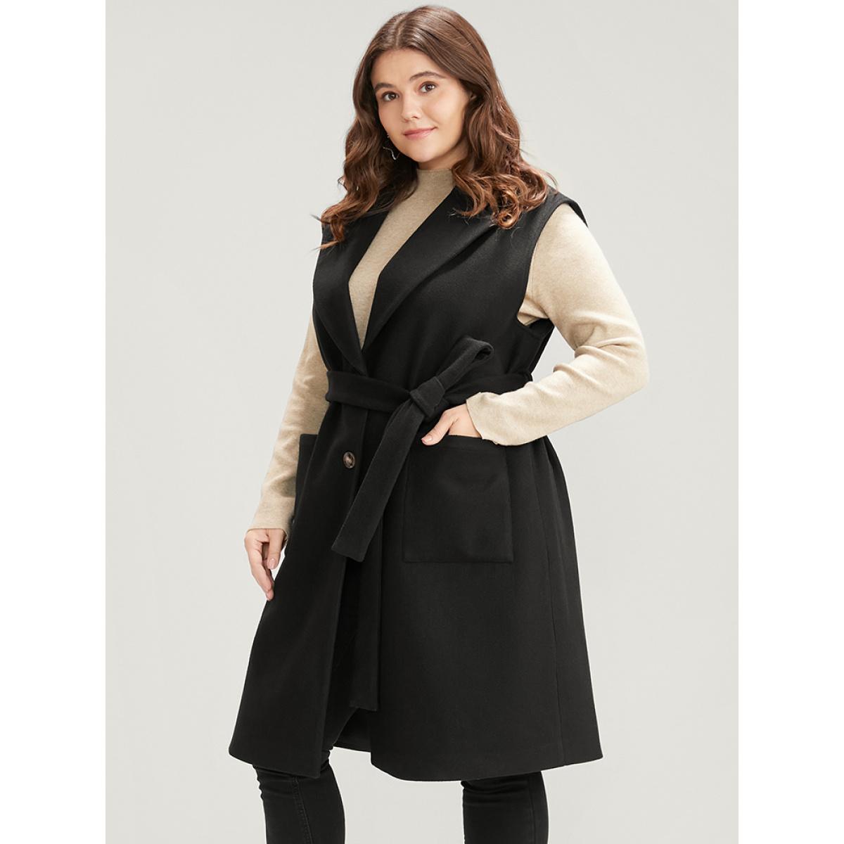 Plus Size Solid Suit Collar Pocket Belted Sleeveless Coat Women Black Office Cross straps Ladies Office Winter Coats BloomChic 26/4X Product Image