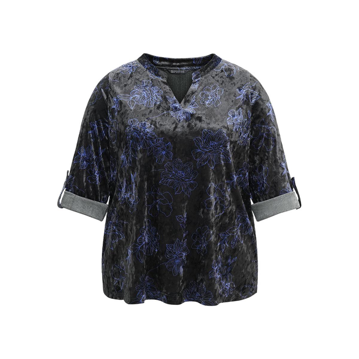 Plus Size Black Silhouette Floral Print Notched Roll Tab Sleeve Blouse Women Elegant Long Sleeve Notched collar Everyday Blouses BloomChic 14-16/1X Product Image