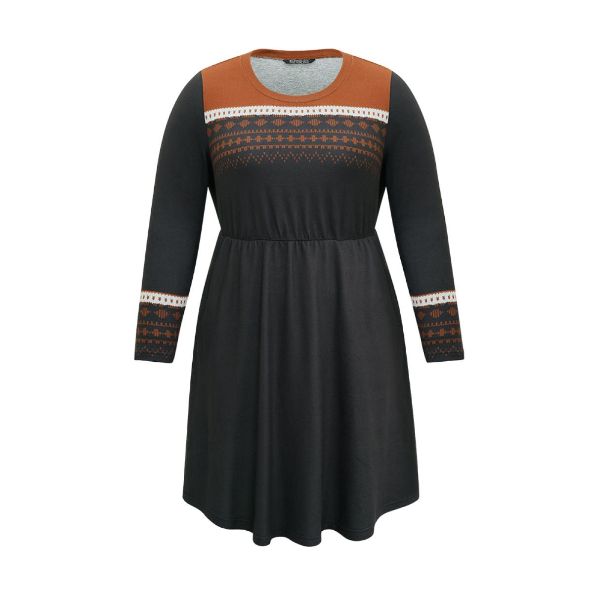 Plus Size Boho Geometric Print Contrast Elastic Waist Dress Black Women Casual Printed Round Neck Long Sleeve Curvy Midi Dress BloomChic 14-16/1X Product Image