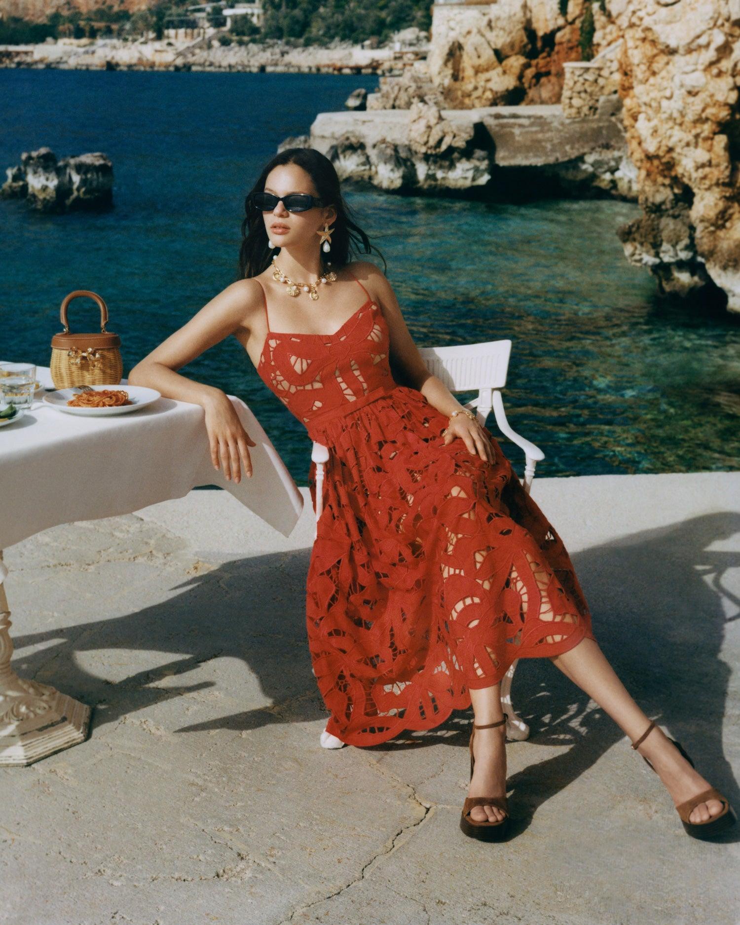 Red Bow Embroidered Midi Dress Product Image