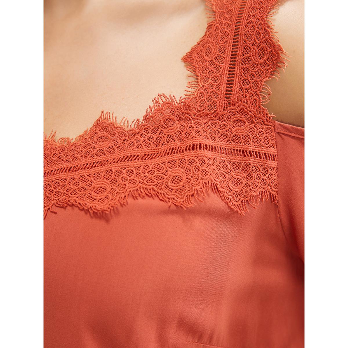 Plus Size Solid Contrast Lace Pocket Cold Shoulder Midi Dress Coral Women Casual Lace Cold Shoulder Short sleeve Curvy Midi Dress BloomChic 14-16/1X Product Image