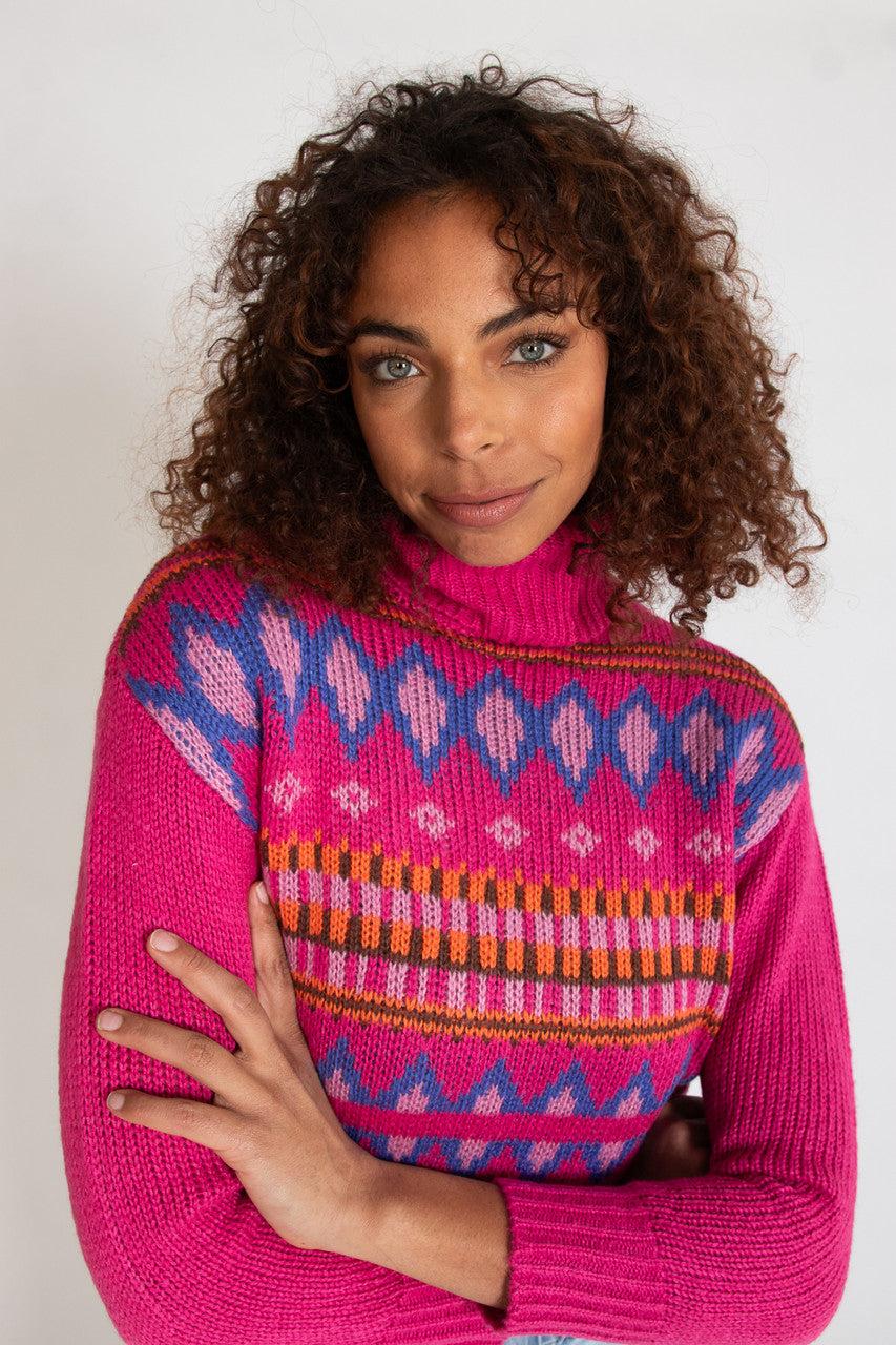 Fuchsia Fair Isle Turtleneck Sweater Product Image