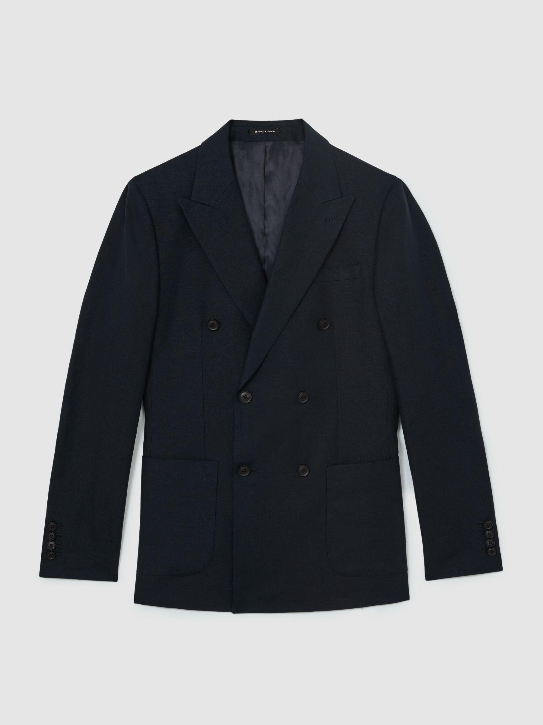 Tailored Fit Linen Double-Breasted Suit Blazer in Navy Product Image