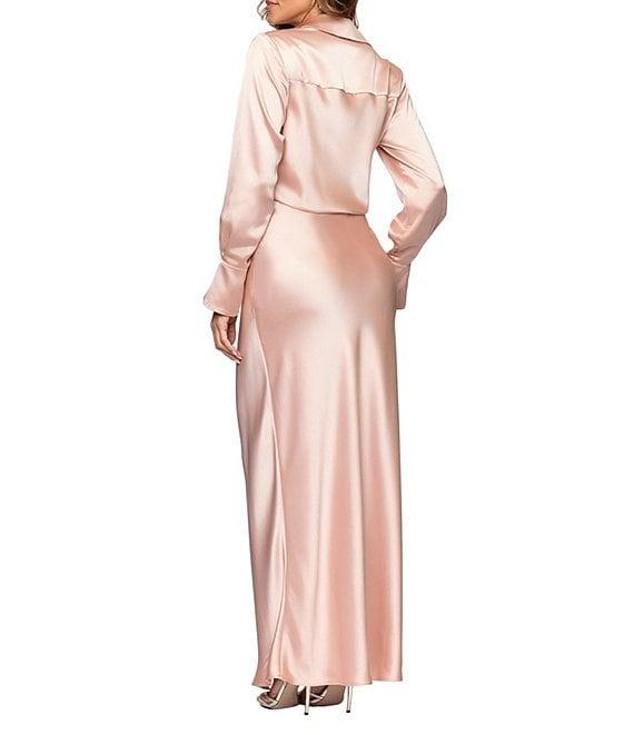 Xscape Petite Size Long Sleeve Collared V-Neck Satin Dress Product Image