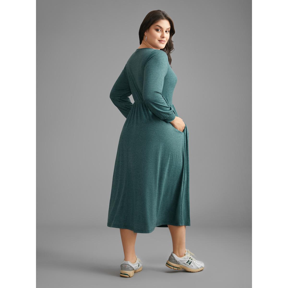 Plus Size Solid V Neck Pleated Knit Dress Teal Women Casual Pleated Knit Dresses Bloomchic 26/4X Product Image