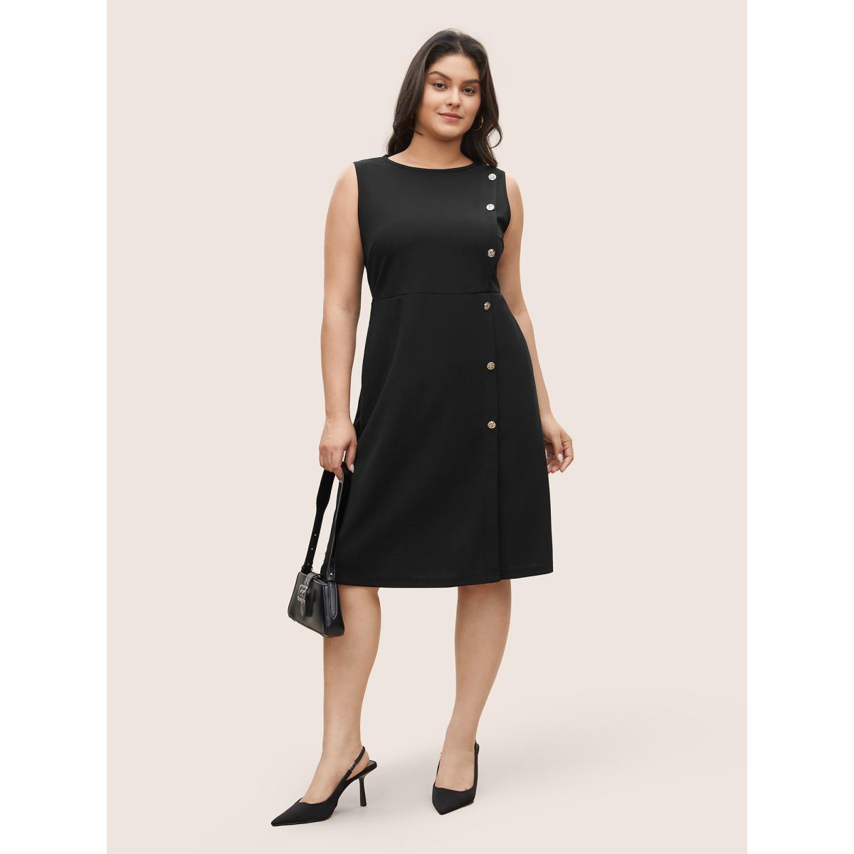 Plus Size Plain Sleeveless Button Detail Pocket Dress Black Women Workwear Essentials Non Round Neck Sleeveless Curvy Midi Dress BloomChic 18-20/2X Product Image