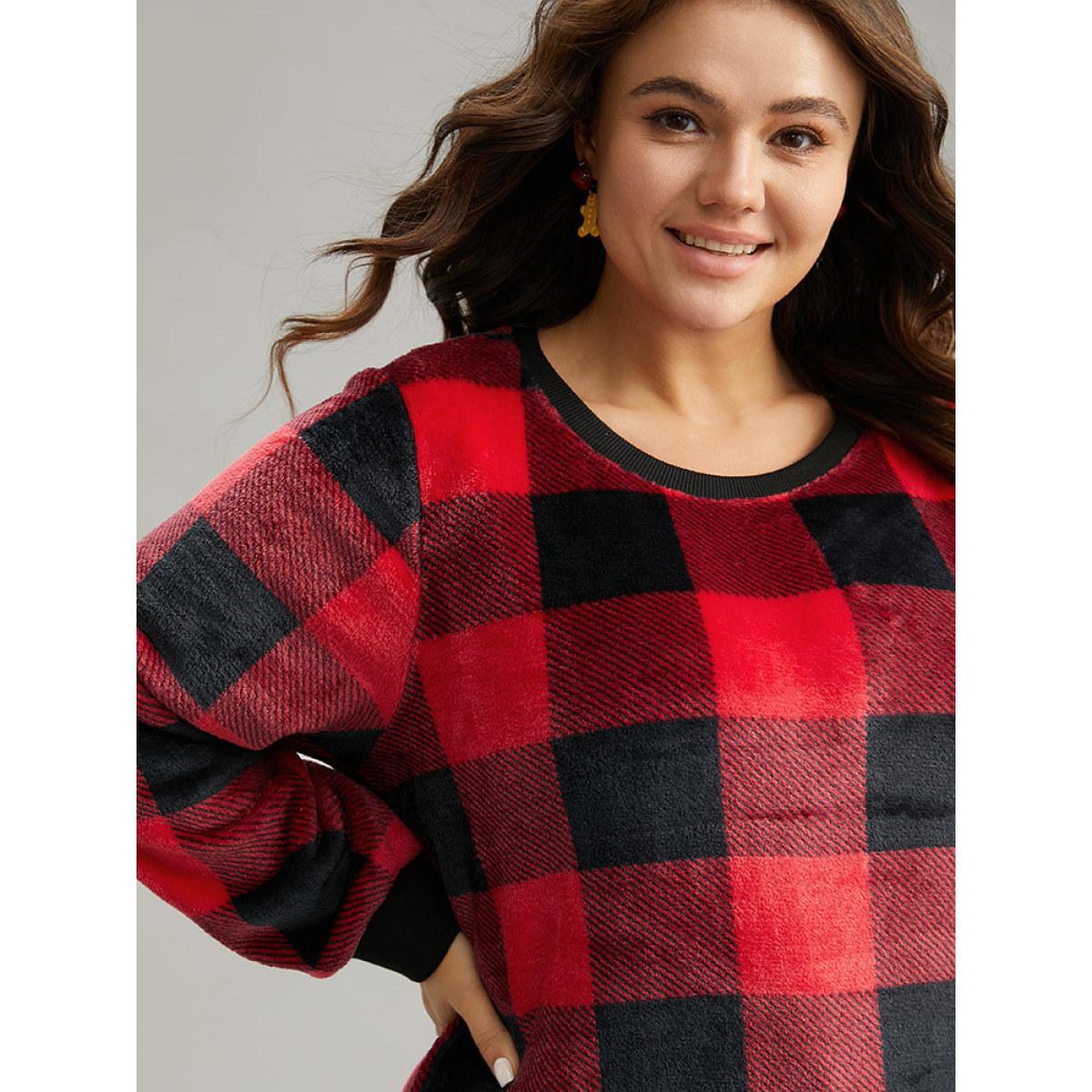 Plus Size Plaid Print Round Neck Fluffy Sweatshirt Women Scarlet Casual Rib Knit Round Neck Festival-Christmas Sweatshirts BloomChic 12/L Product Image