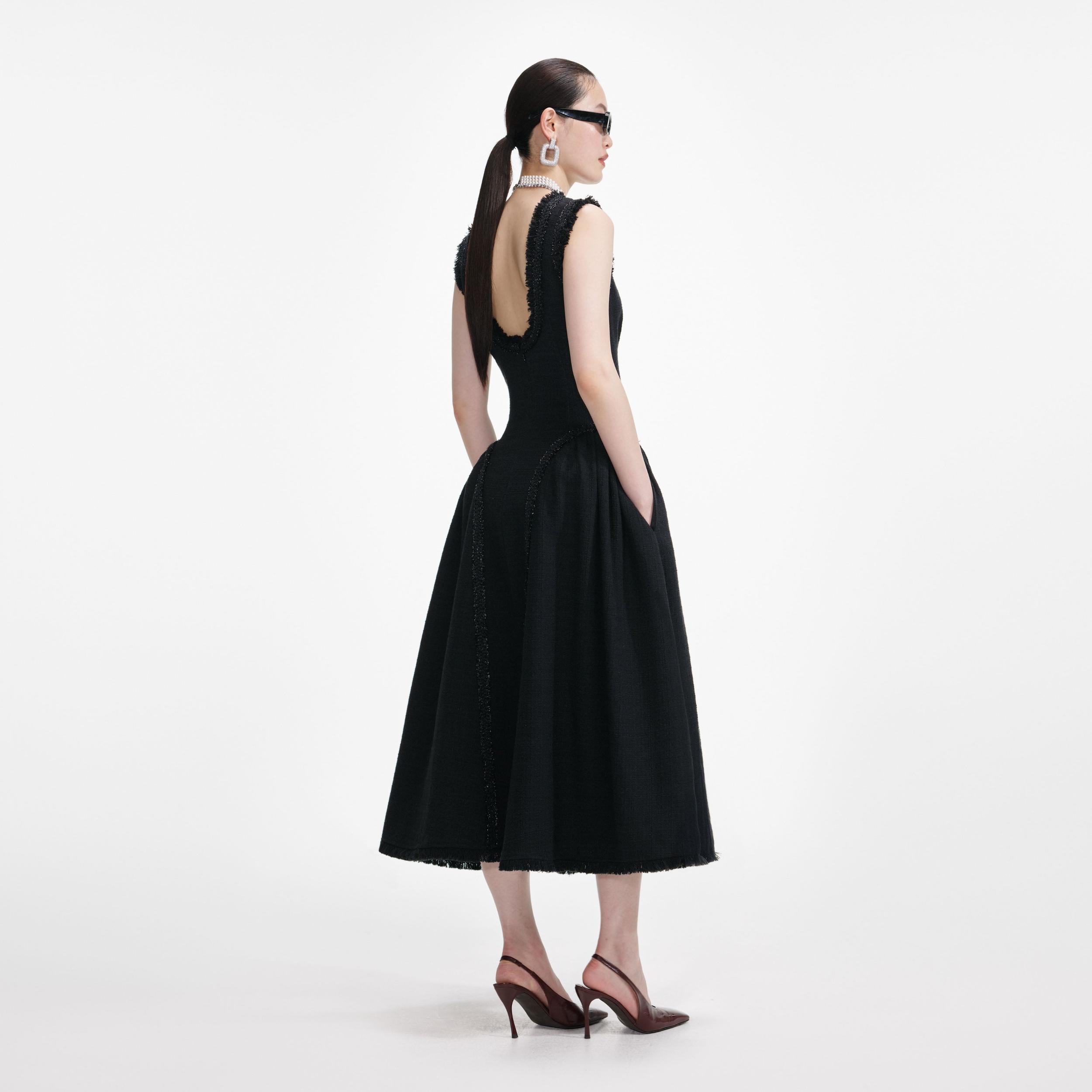 Black Boucle Sleeveless Midi Dress Product Image