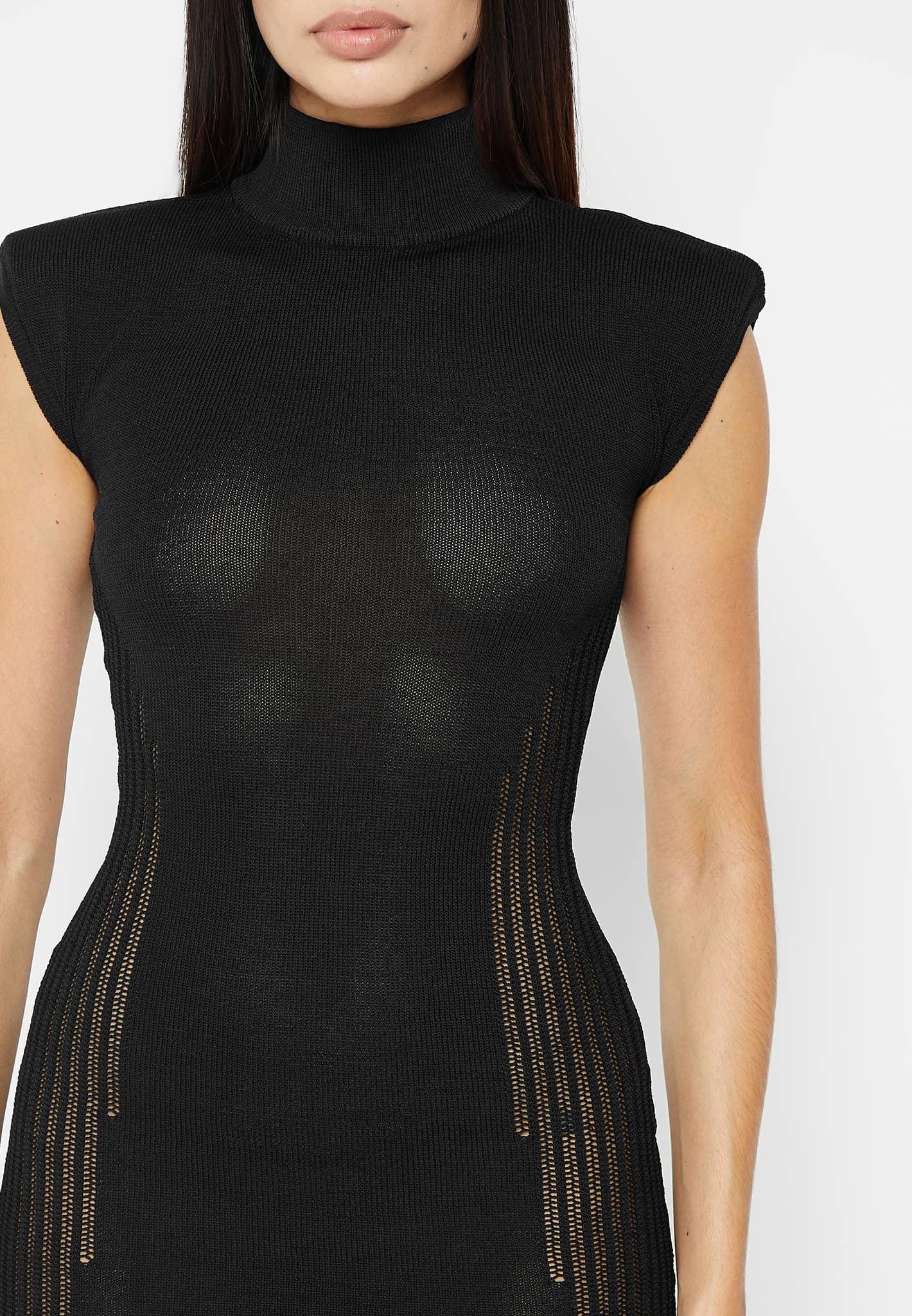 Knitted Contour Dress with Leather Sleeves - Black Female Product Image