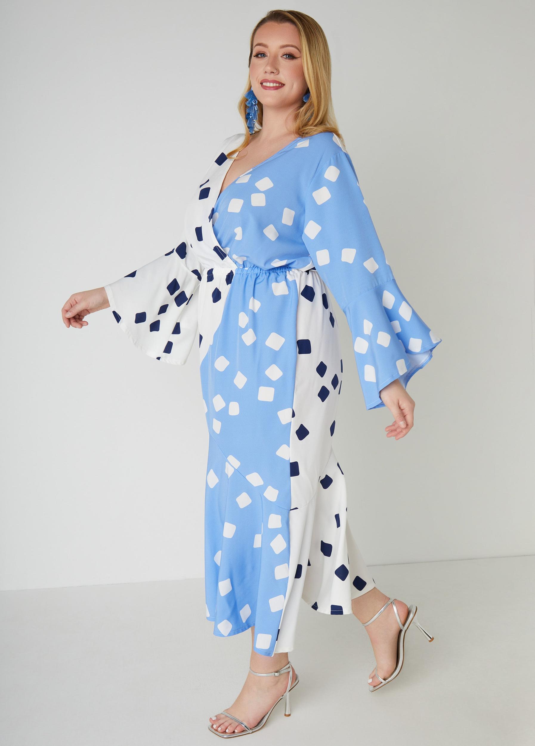 Printed Two Tone Faux Wrap Dress Product Image