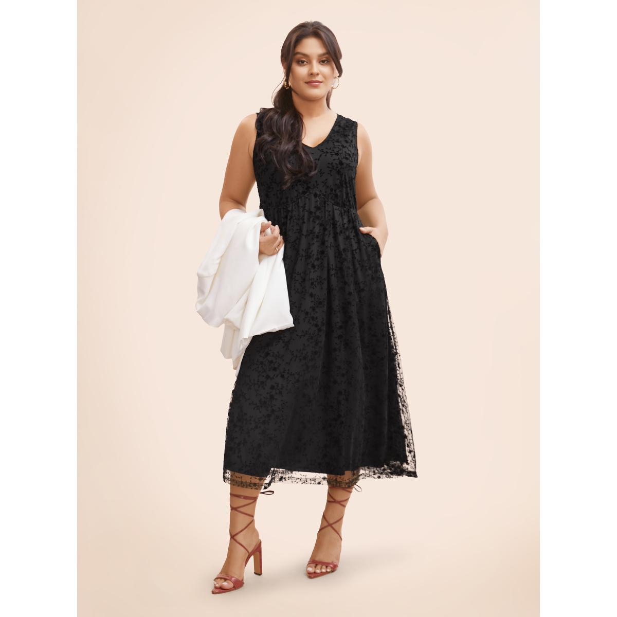 Plus Size Floral Flocking Mesh Sleeveless Dress Black Women Elegant Texture V-neck Sleeveless Curvy BloomChic 22-24/3X Product Image