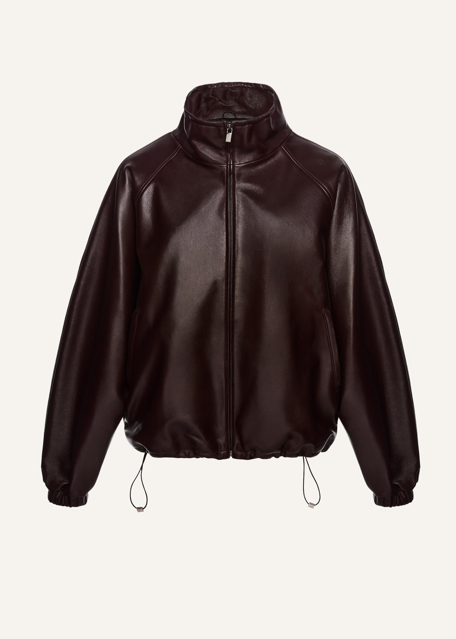 Elasticized leather bomber jacket in burgundy Product Image