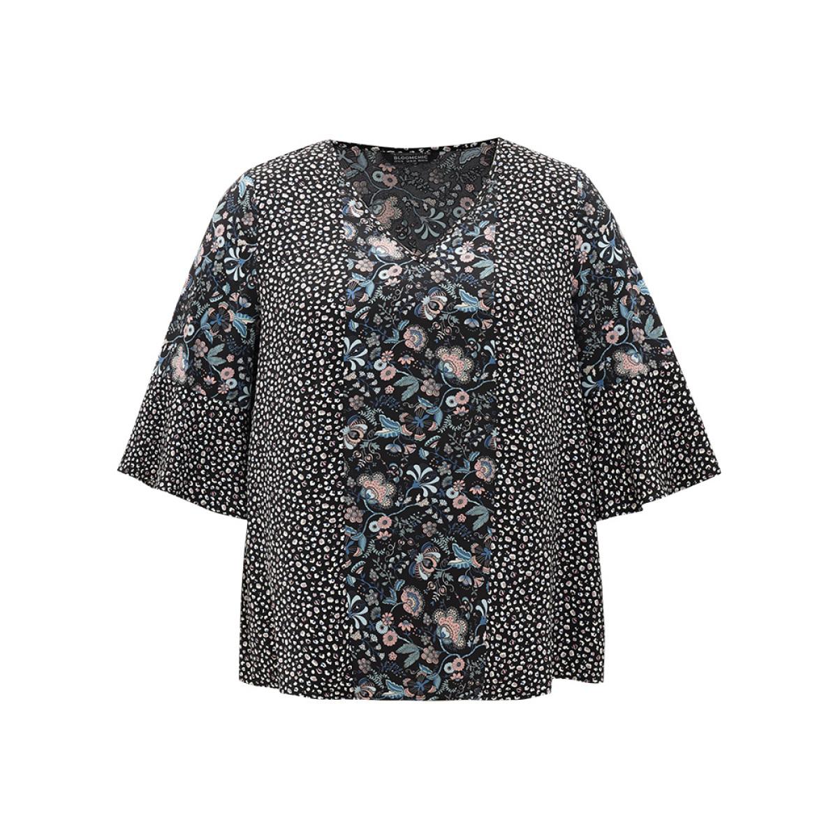 Plus Size BlackFlower Plants Print Patchwork V Neck Bell Sleeve Blouse Women Vacation Elbow-length sleeve V-neck Dailywear Blouses BloomChic 18-20/2X Product Image