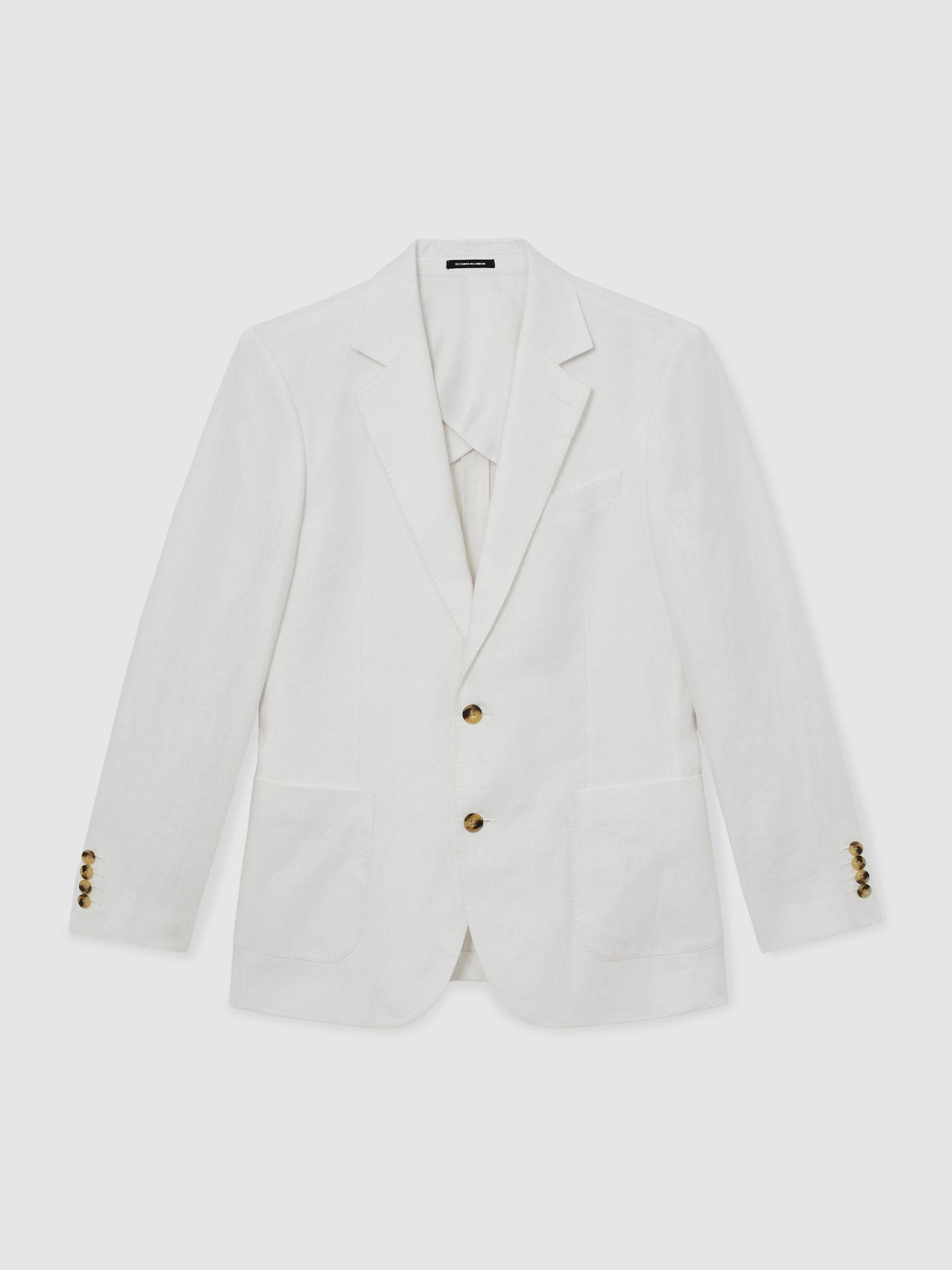 Tailored Fit Linen-Twill Single-Breasted Blazer in White Product Image