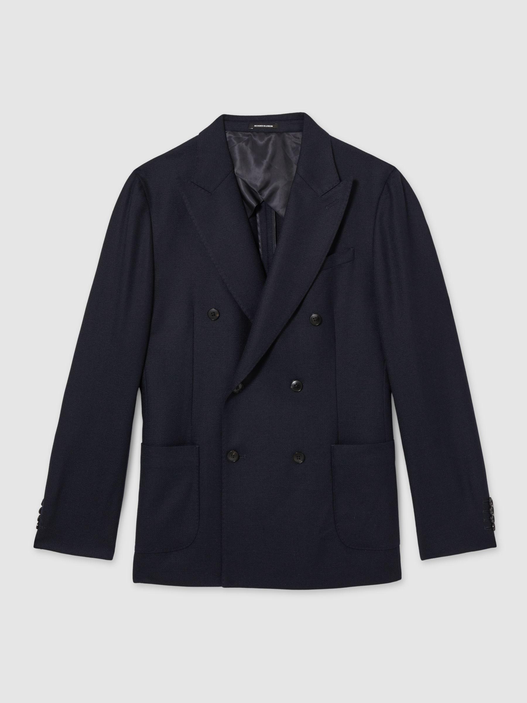 Slim-Fit Double-Breasted Textured Wool-Blend Suit Blazer in Navy Product Image