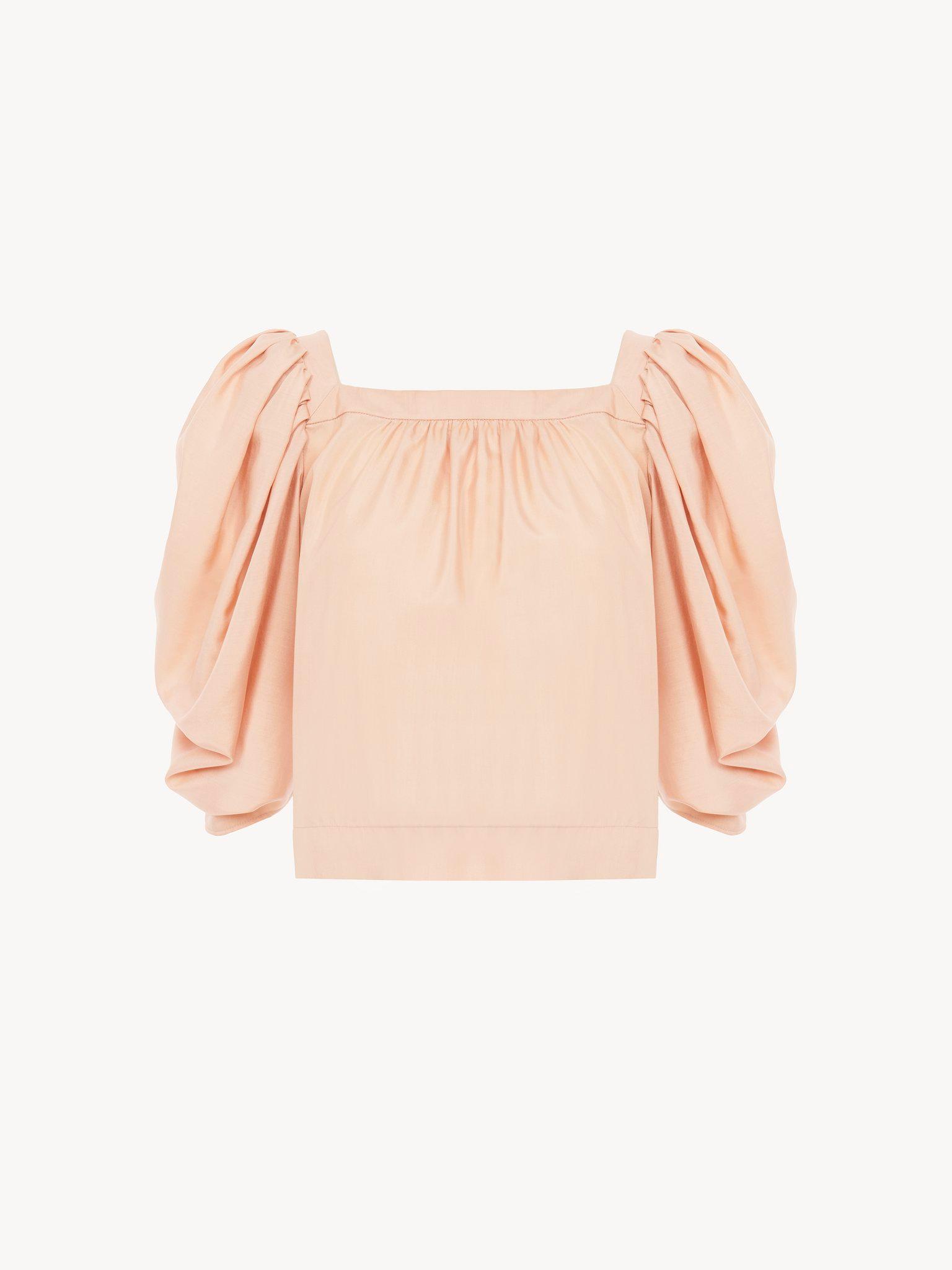Puff-sleeve pleated top in silk poplin Product Image