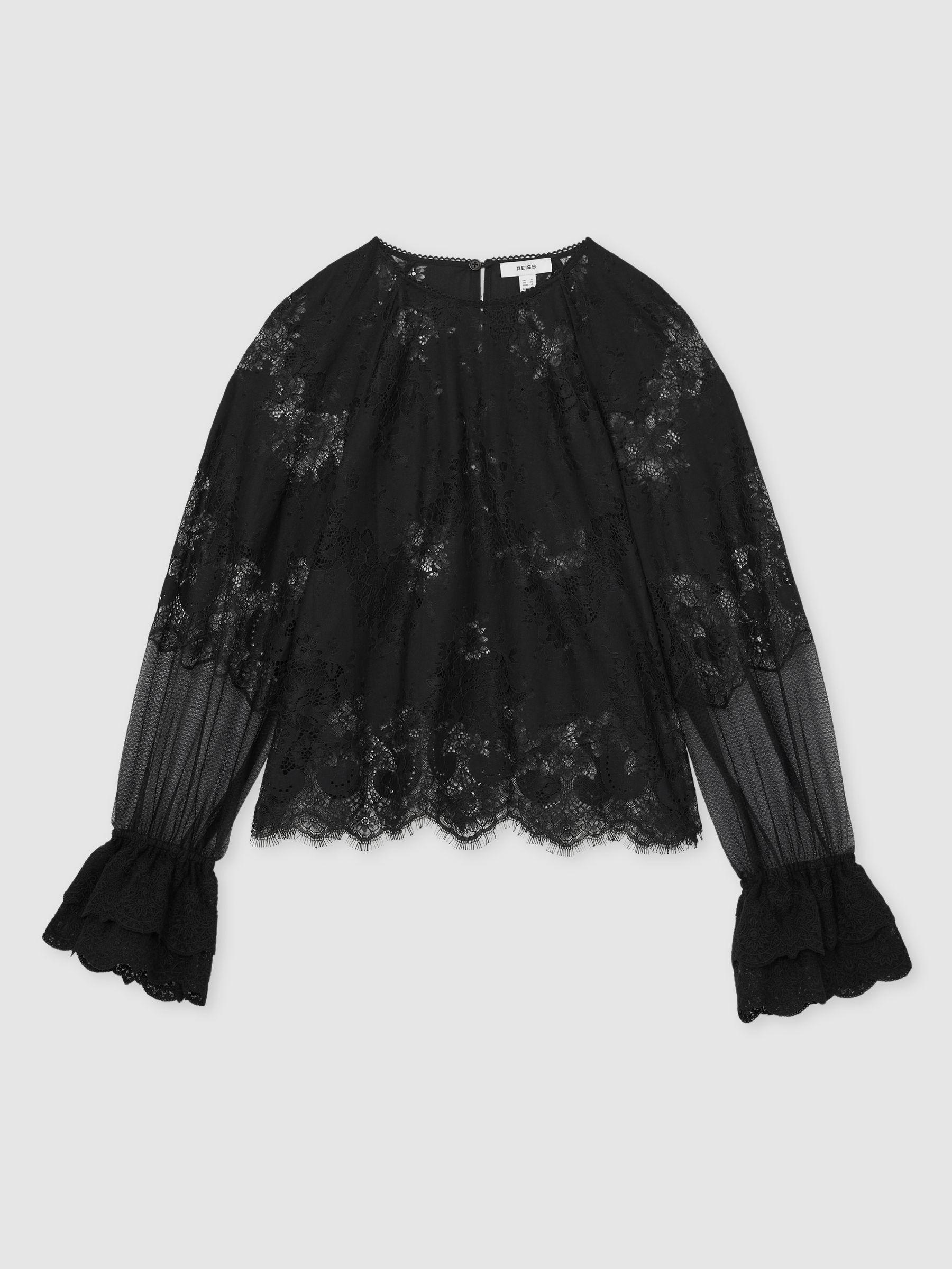 Lace Flared-Cuff Blouse in Navy Product Image