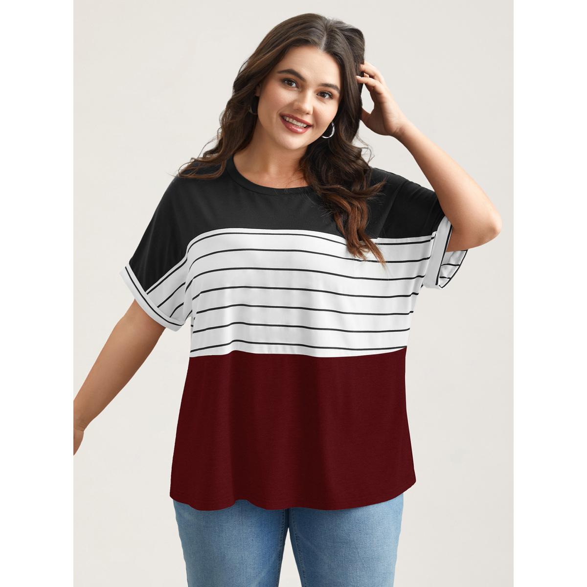 Plus Size Color-Block Stretchy Stripes T-Shirt Scarlet Women Casual Contrast Round Neck Everyday T-shirts BloomChic 10/M Product Image