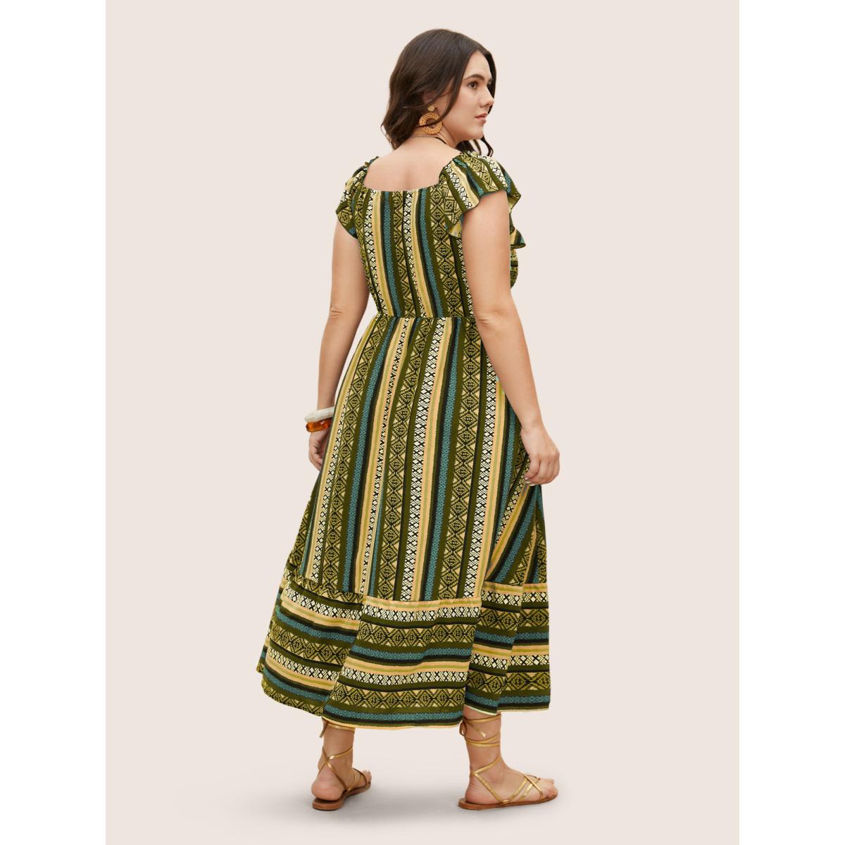 Plus Size Bandana Striped Shirred Ruffle Trim Dress DarkGreen Women Resort Shirred Square Neck Cap Sleeve Curvy BloomChic 18-20/2X Product Image