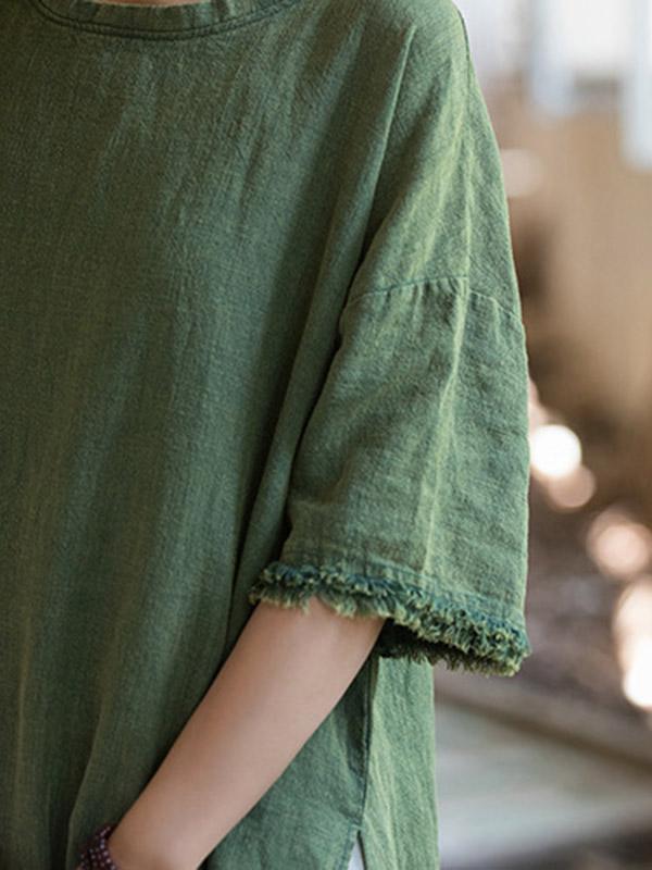 Half Sleeves High-low Fringed Solid Color Split-Joint Split-side Round-neck Midi Dresses Product Image