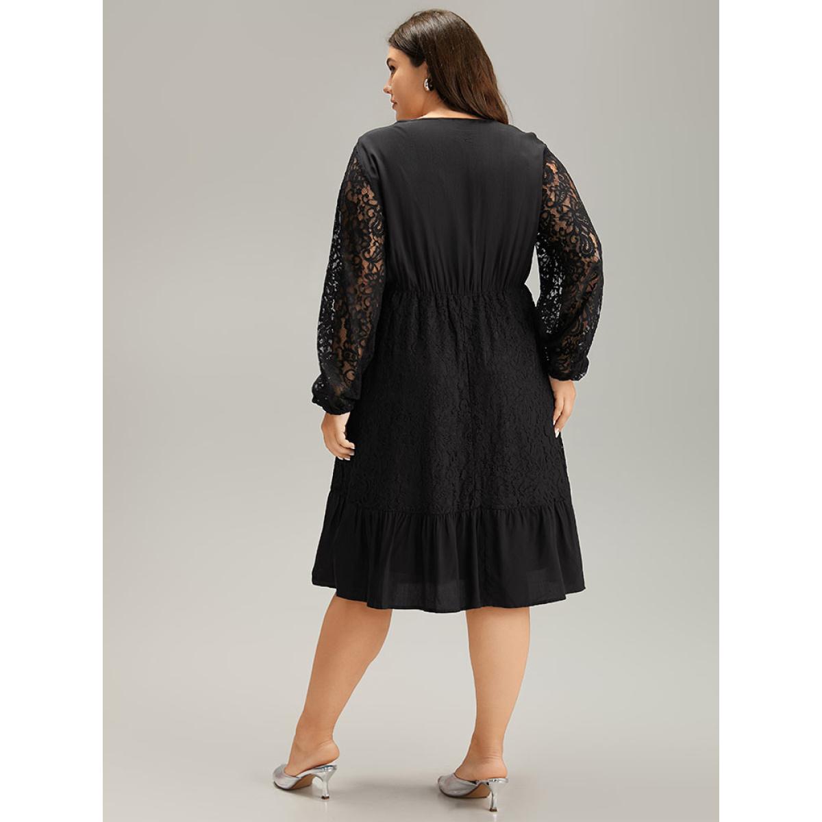 Plus Size Lace Panel Mesh Flutter Hem Dress Black Women Elegant Elastic cuffs V-neck Long Sleeve Curvy Midi Dress BloomChic 14-16/1X Product Image