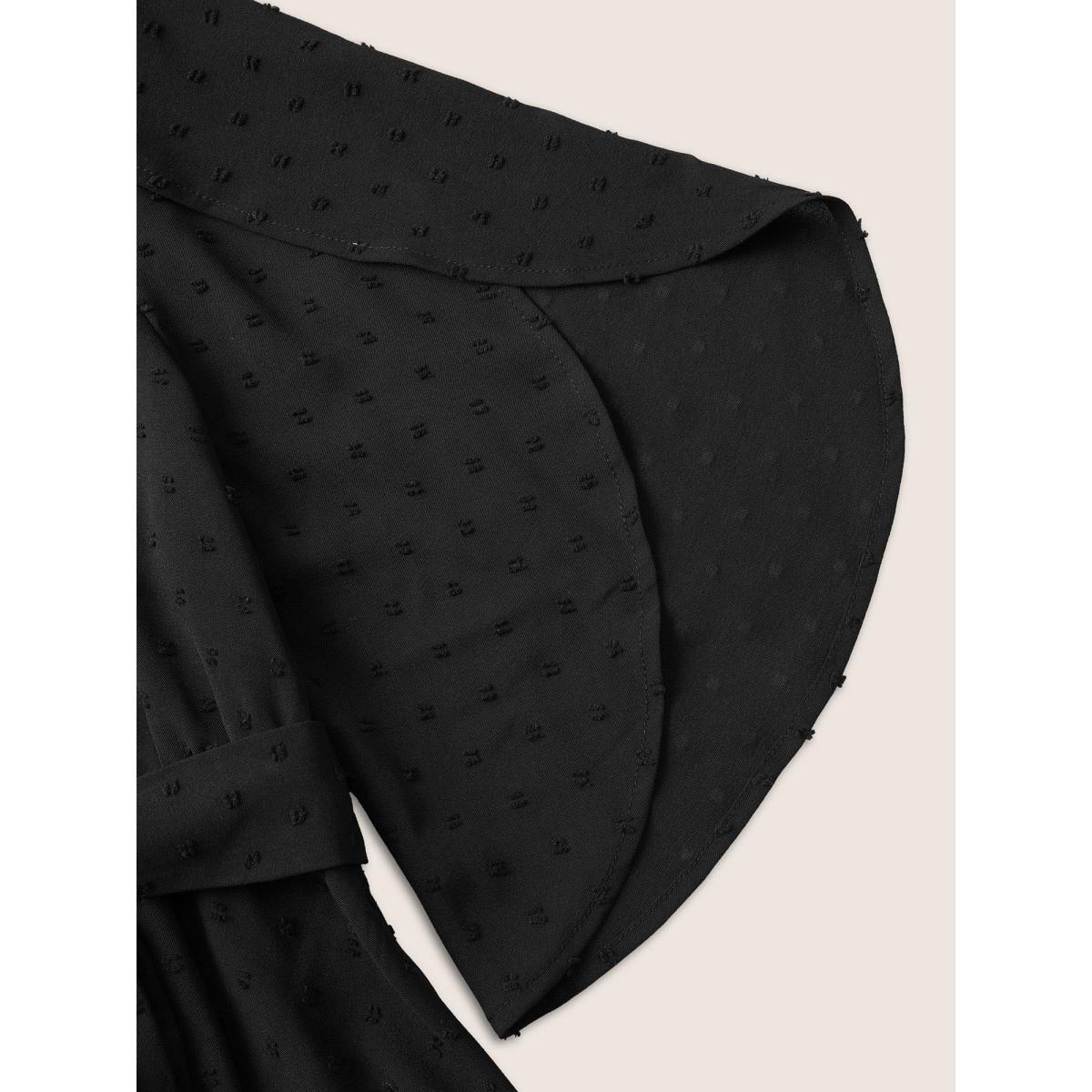 Plus Size Black Plain Textured Petal Sleeve Ties Blouse Women Work From Home Elbow-length sleeve Flat collar with V-notch Work Blouses BloomChic 18-20/2X Product Image