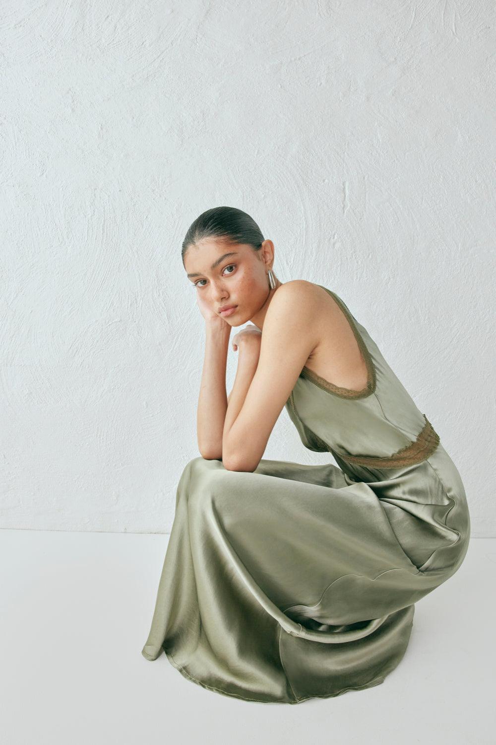 Meet Me On The Dance Floor Bias Cut Maxi Dress Olive Product Image