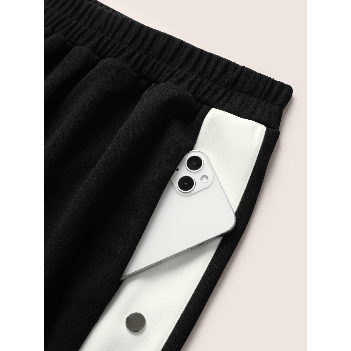 Plus Size Contrast Snap Button Side Wide Leg Pants Women Black Casual Wide Leg High Rise Everyday Pants BloomChic 28/5X Product Image